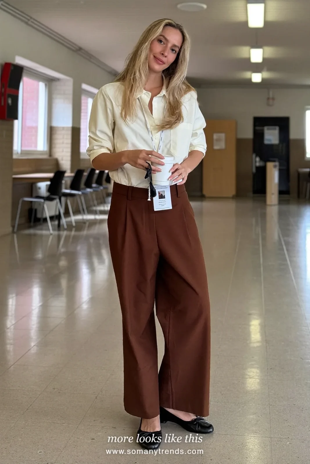 Ivory boxy cotton shirt with wide espresso brown pants and black leather ballet flats, outfit 11