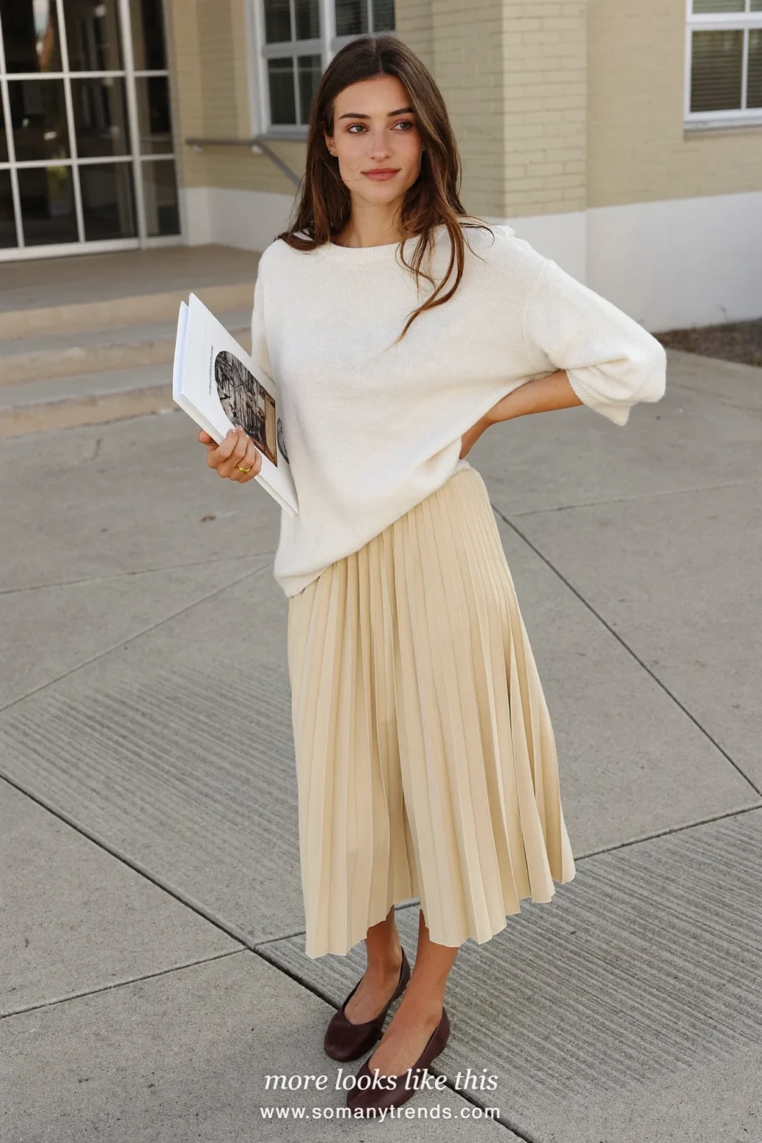 Oatmeal pleated midi skirt with an ivory cotton sweater and brown flats, outfit 13