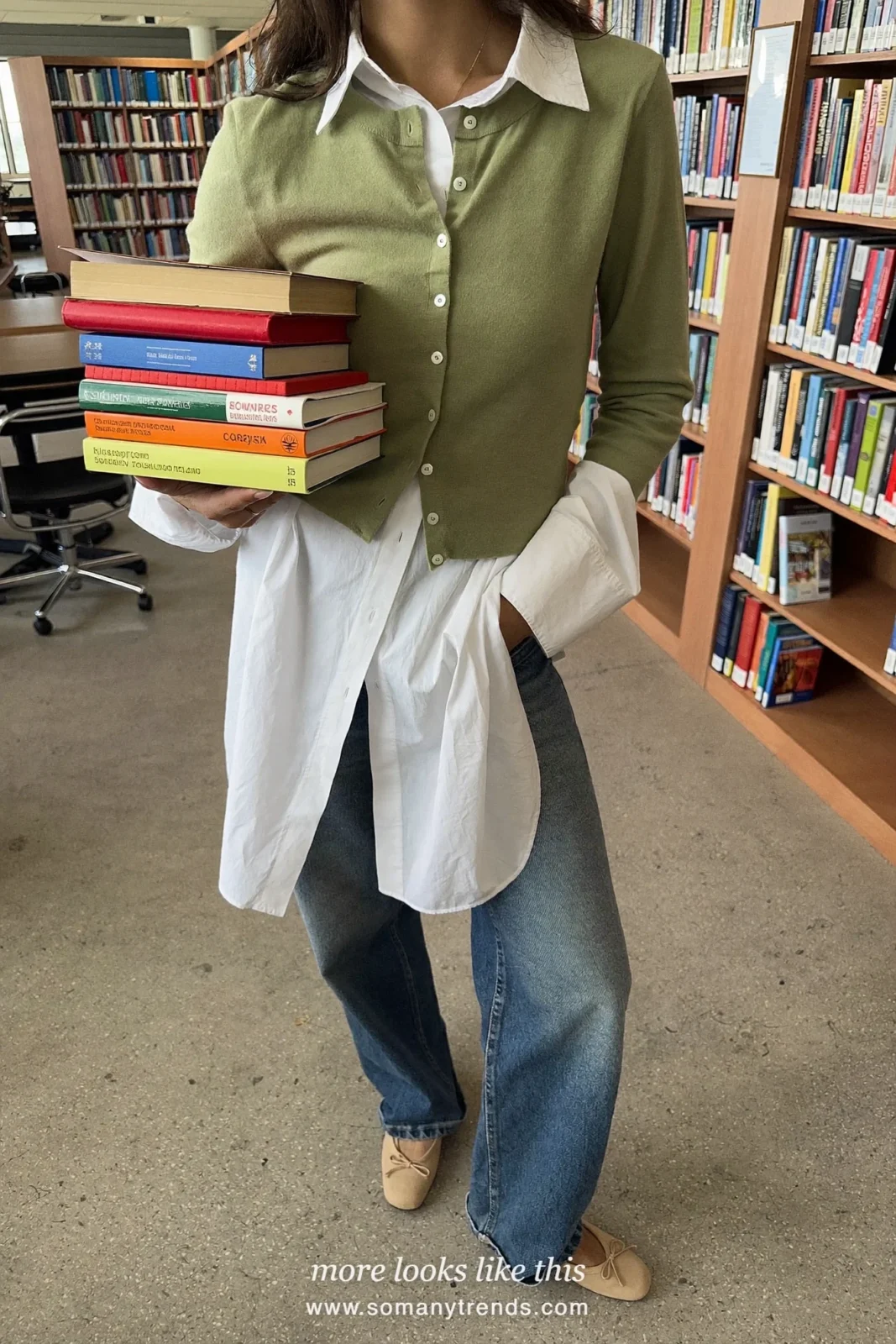 Sage cropped button cardigan over a white poplin shirt with mid-wash straight jeans and beige ballet flats, outfit 18