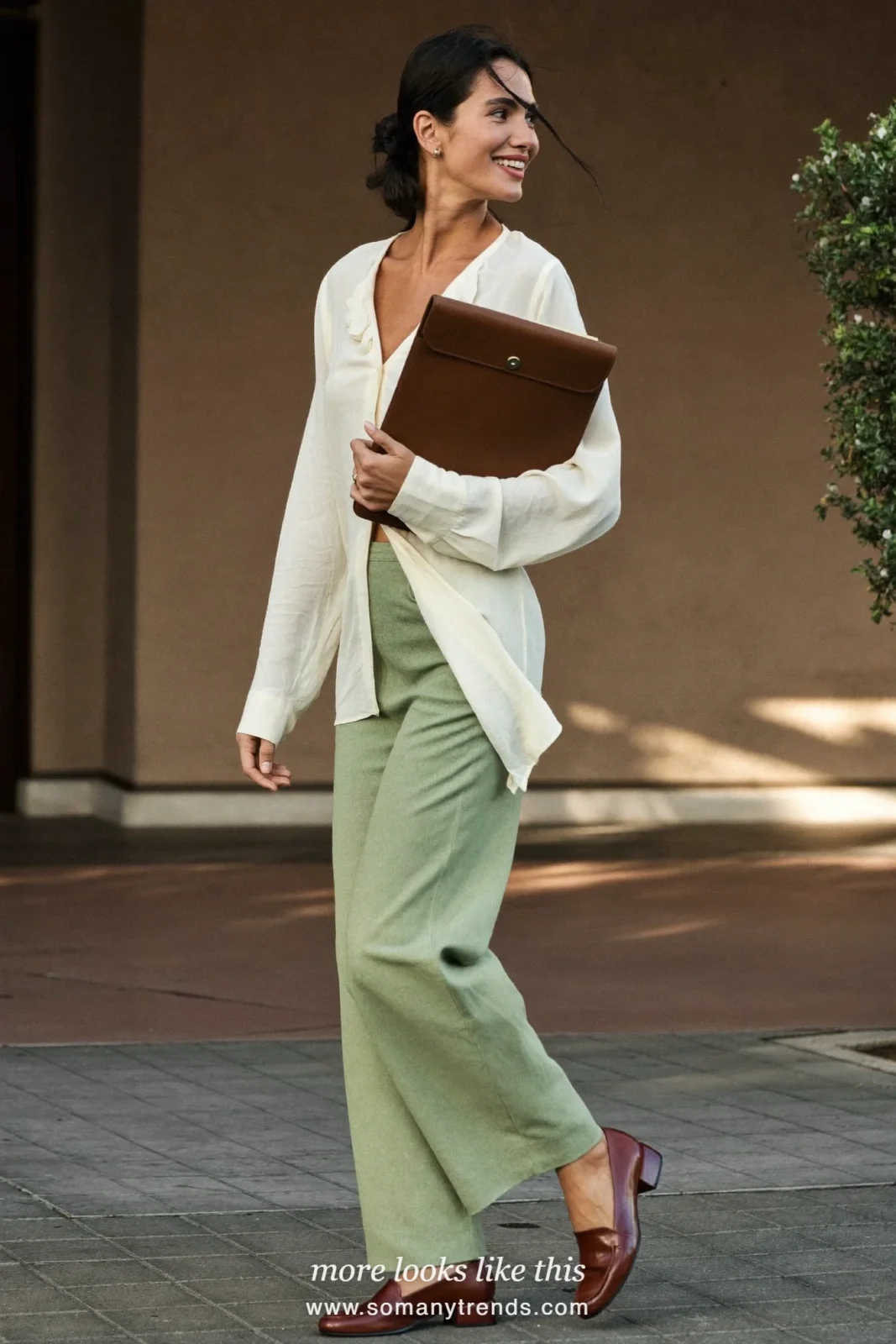 Ivory matte crepe blouse with sage wide-leg pants and brown low block-heel loafers, outfit 23