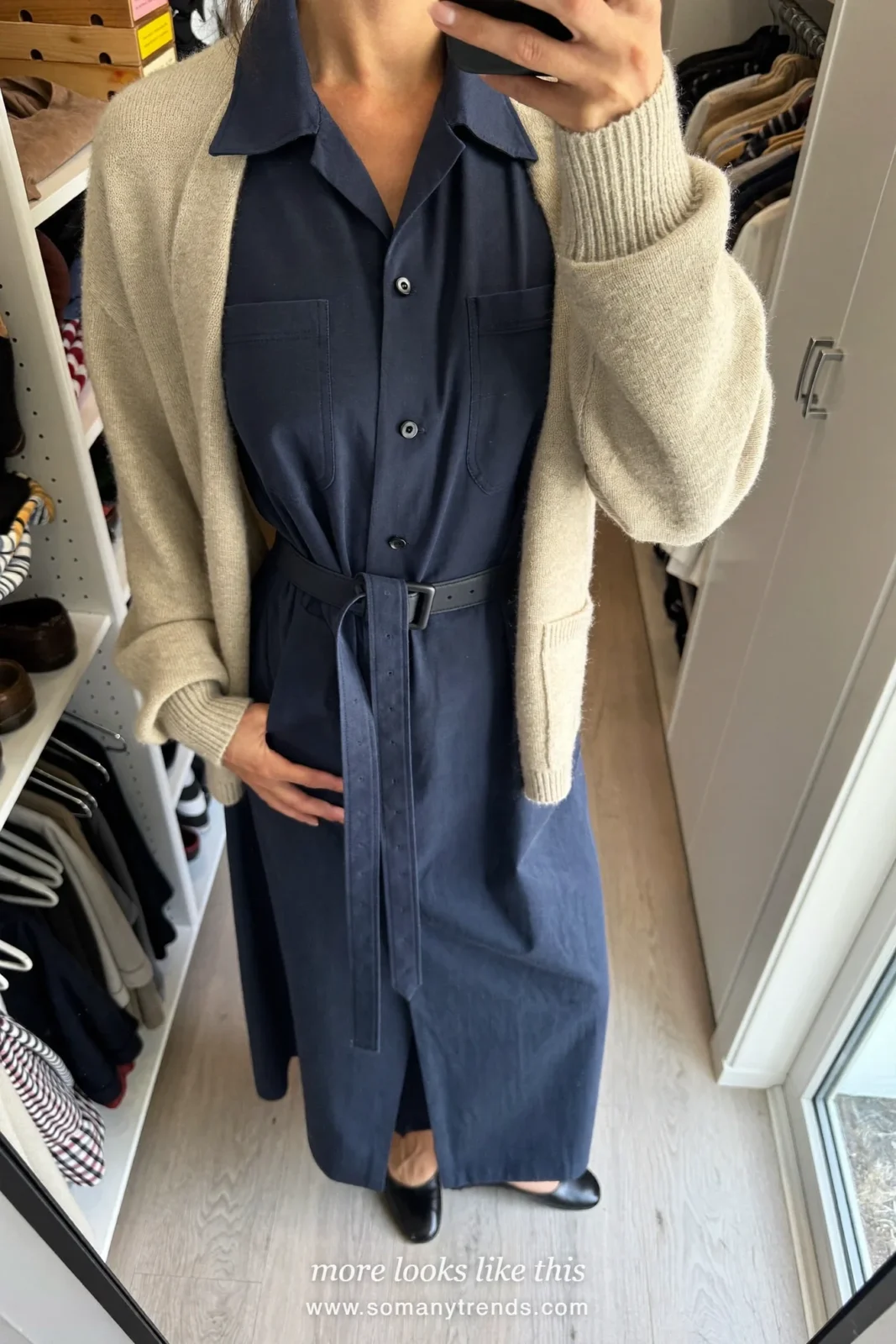 Navy matte cotton belted midi shirt dress with an oatmeal cardigan and black leather ballet flats, outfit 24