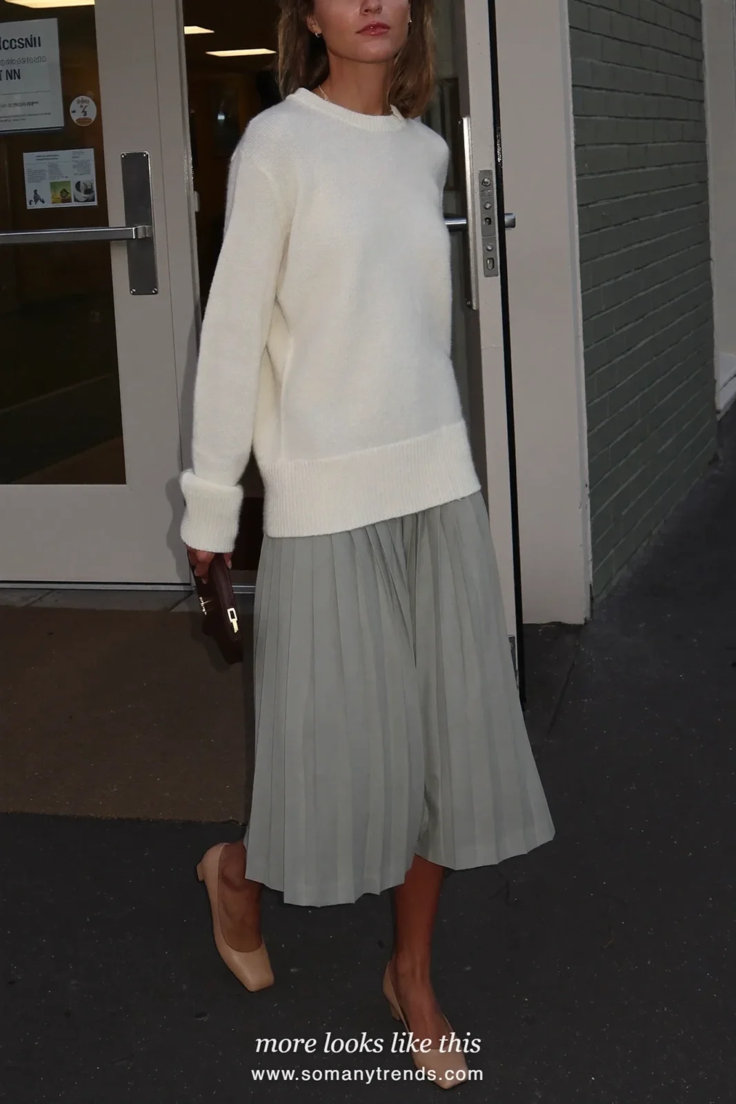 Sage pleated midi skirt with an ivory fine knit sweater and tan low block-heel pumps, outfit 26