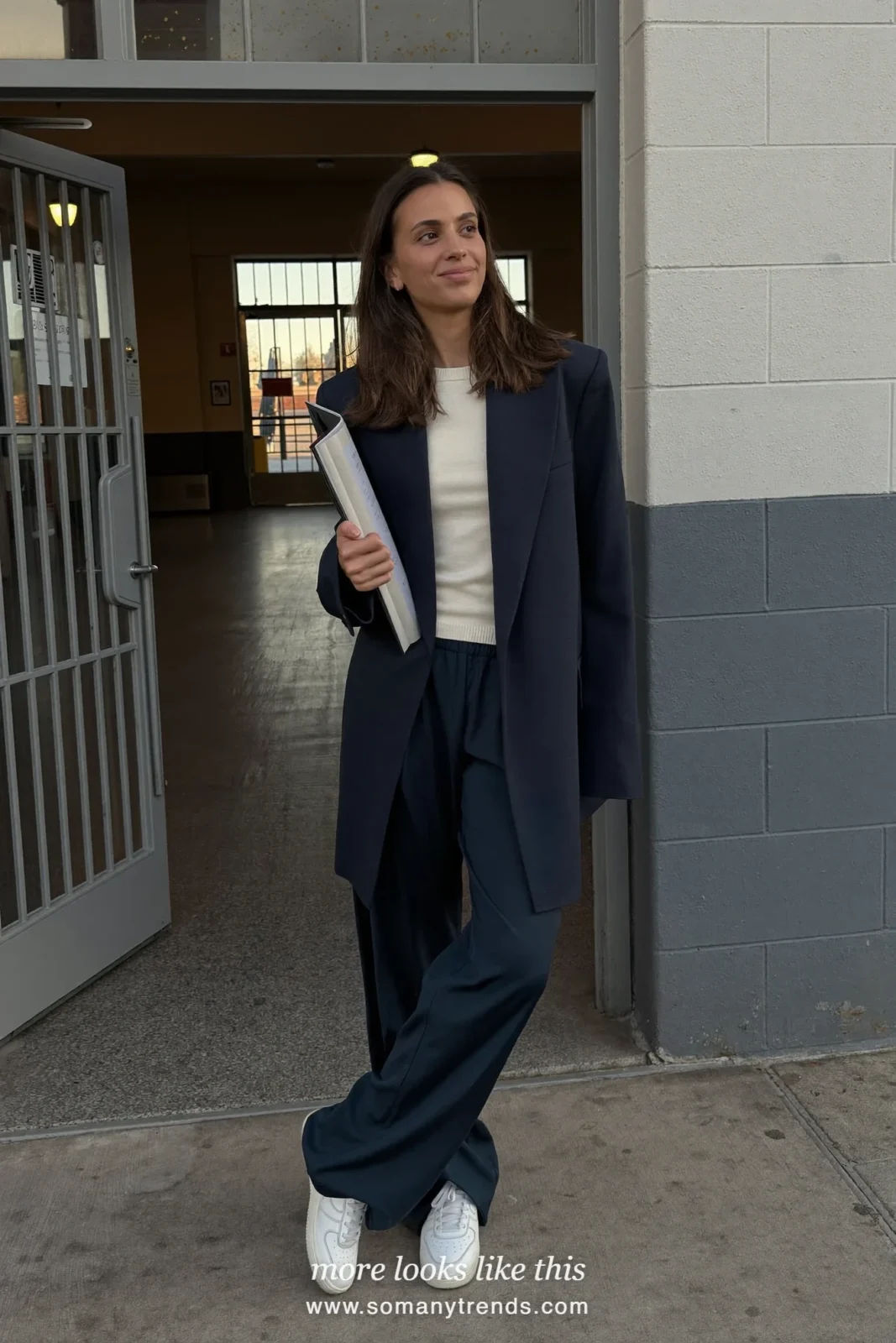 Soft navy relaxed blazer and wide-leg pants set over an ivory tee with white leather sneakers, outfit 27