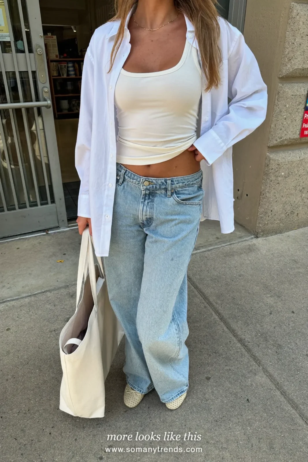 Oversized white poplin shirt over a tank with relaxed light-wash jeans and perforated beige ballet flats, outfit 1