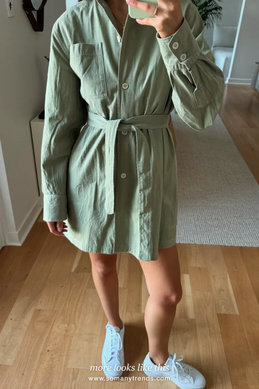Sage cotton midi shirt dress with white sneakers and bare legs, outfit 12