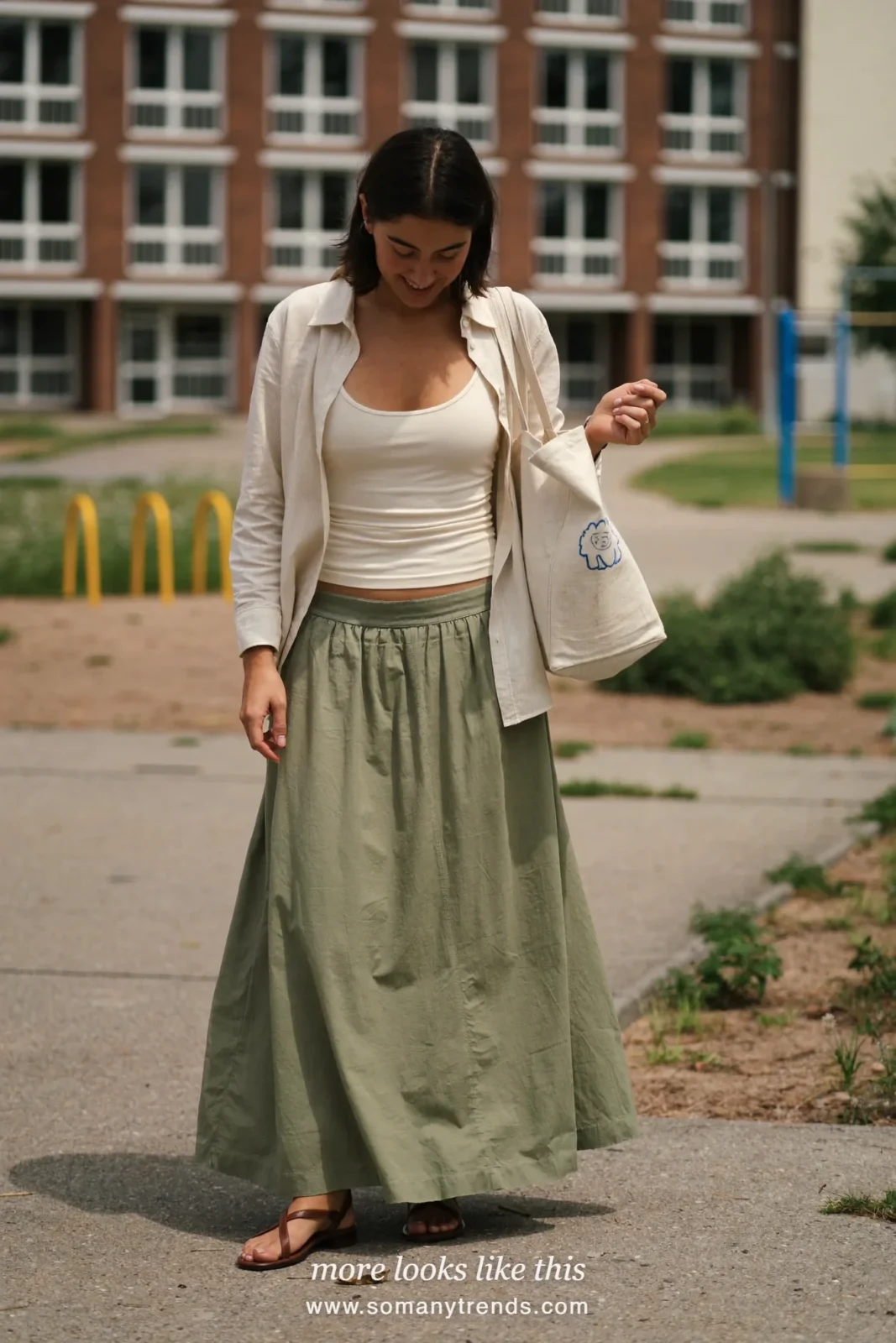 Sage poplin maxi skirt with an ivory tank and an open oatmeal shirt and flat leather sandals, outfit 15