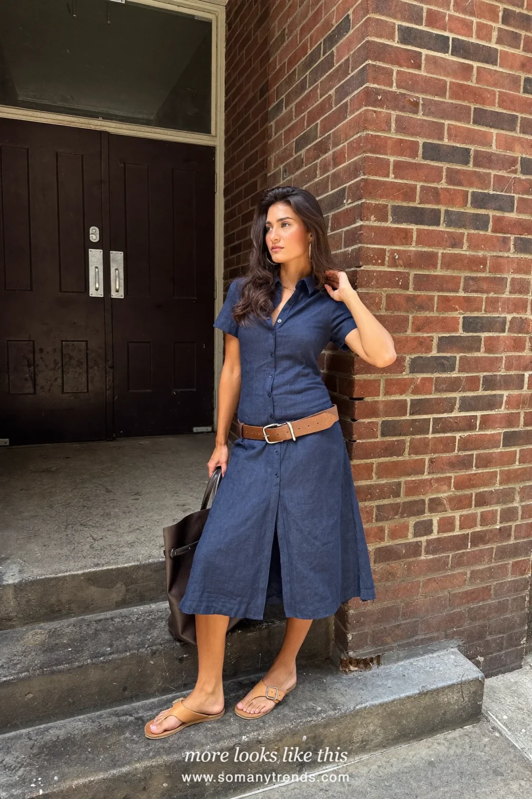 Soft navy linen-blend midi shirt dress with a wide brown belt and flat leather sandals, outfit 17