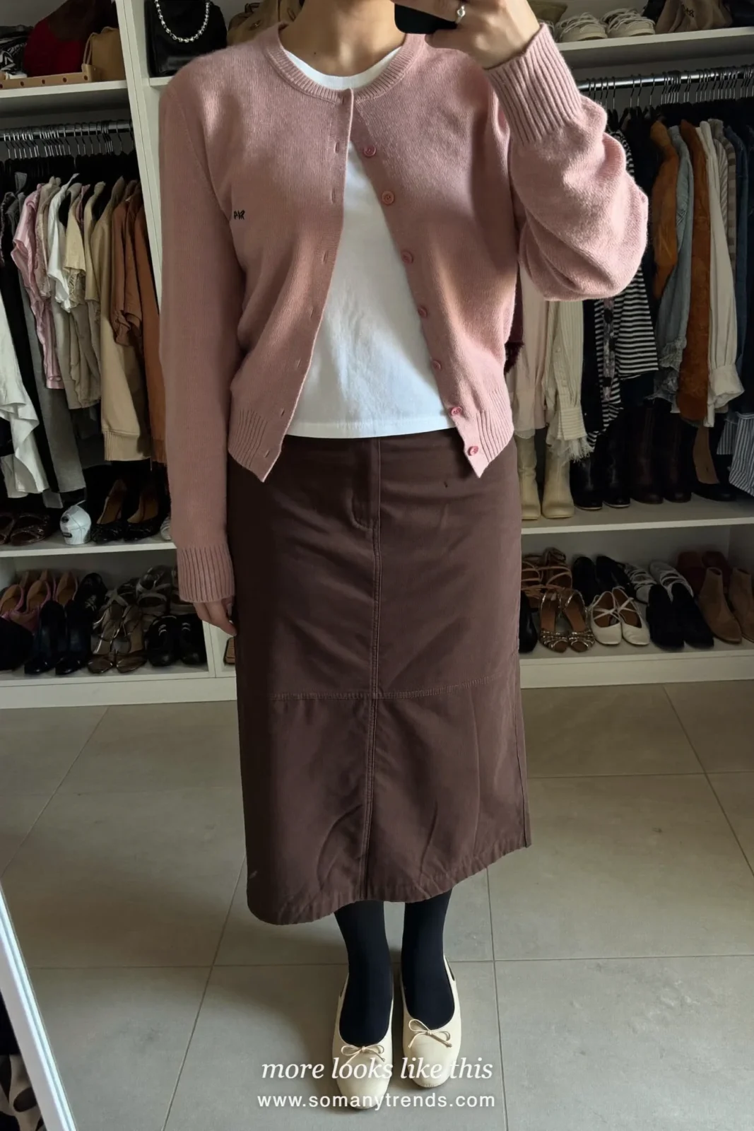 Dusty rose cardigan over a white tee with a chocolate midi skirt, tights and flats, Christmas outfit 24