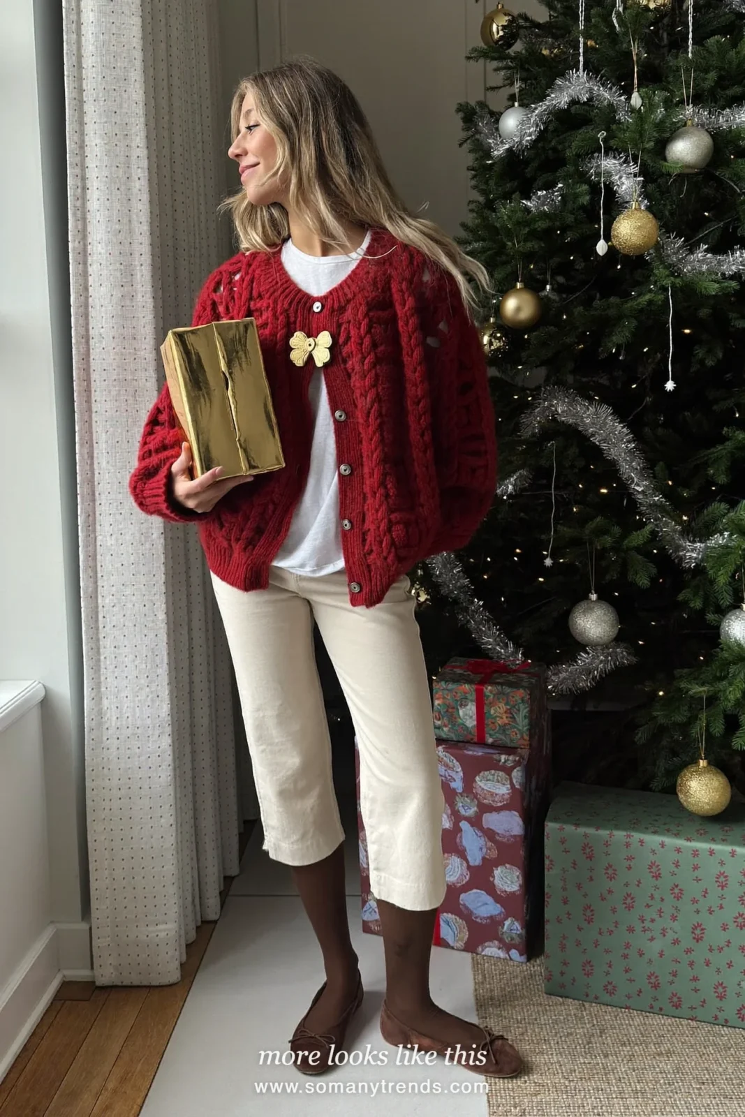 Chunky cranberry cardigan with ecru capri pants, green tights and ballet flats, Christmas outfit 29