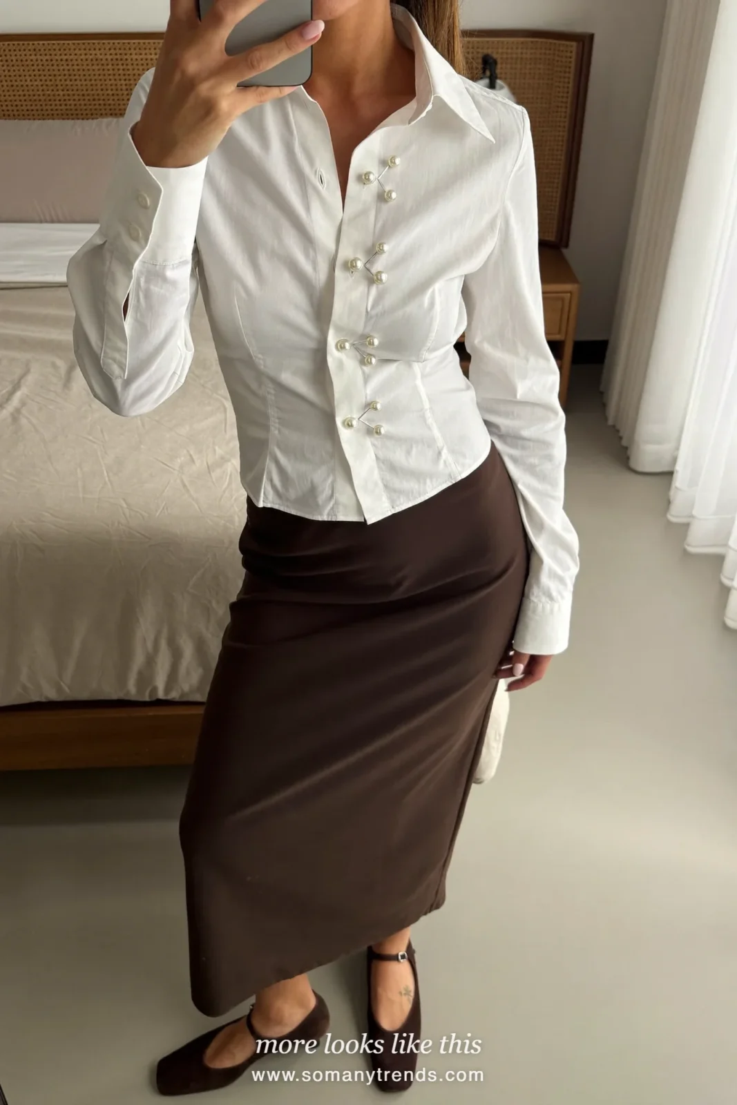 Woman in a white shirt with mismatched buttons, long chocolate brown skirt and brown mary jane pumps, spring church outfit 8