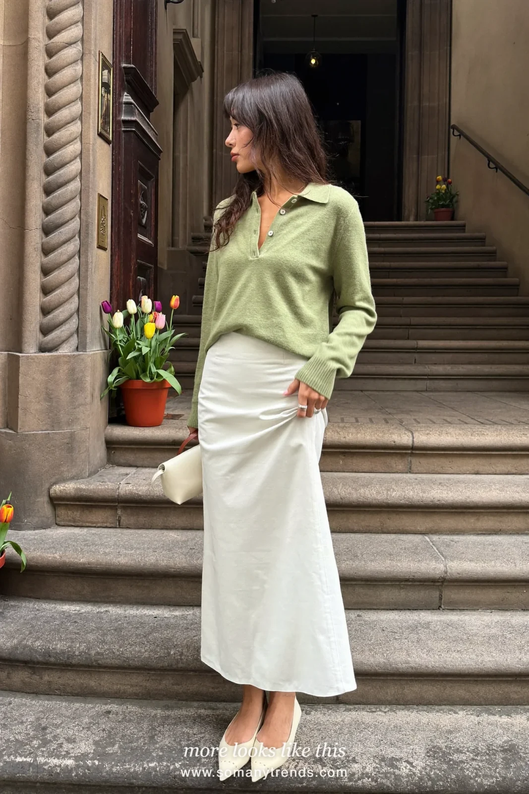 Woman in a sage knit polo, long white pencil skirt and cream flats, spring church outfit 9
