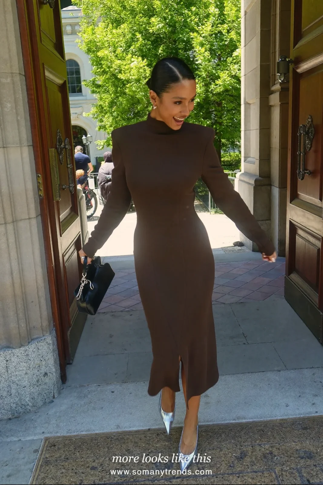 Woman in a long-sleeve chocolate brown column dress and silver pumps, spring church outfit 14