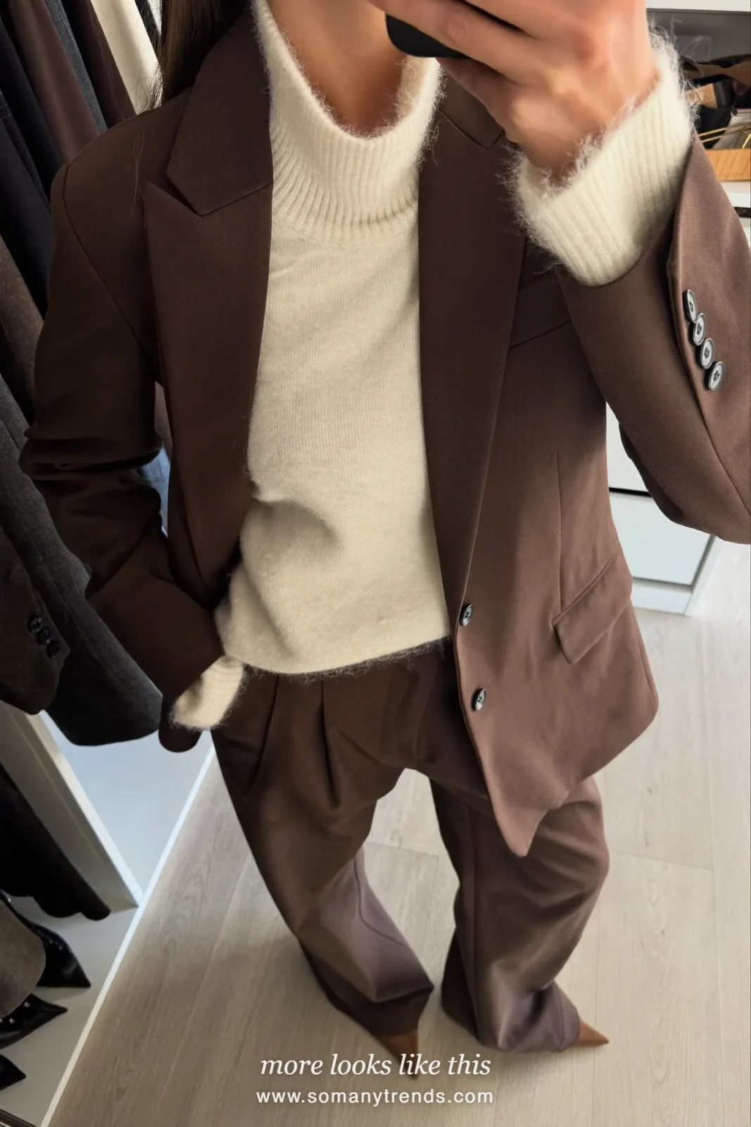 Woman in a chocolate brown blazer, cream fine-knit sweater and wide brown pants with brown pumps, spring church outfit 20