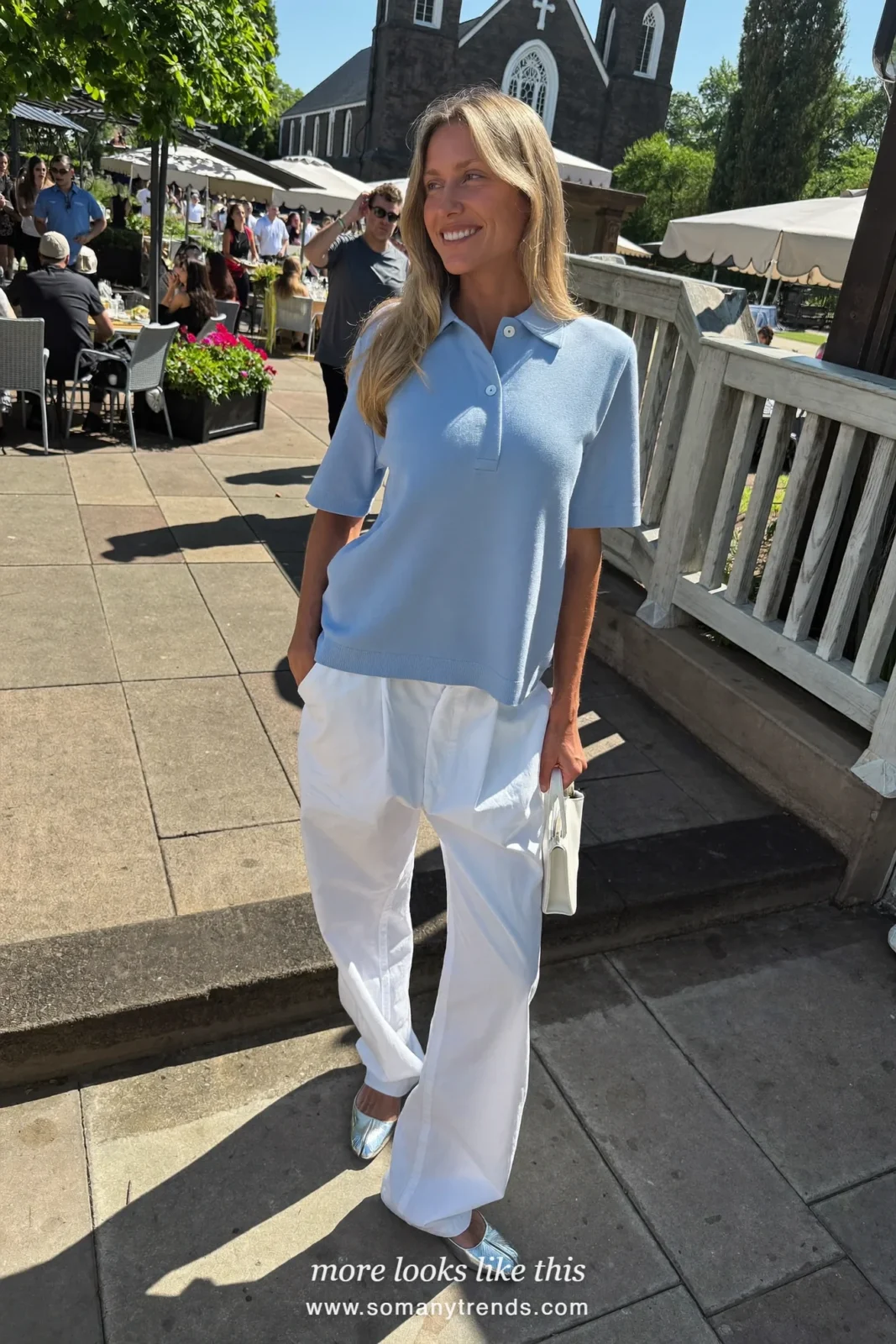 Woman in an icy blue knit polo, wide white pants and silver flats, spring church outfit 23