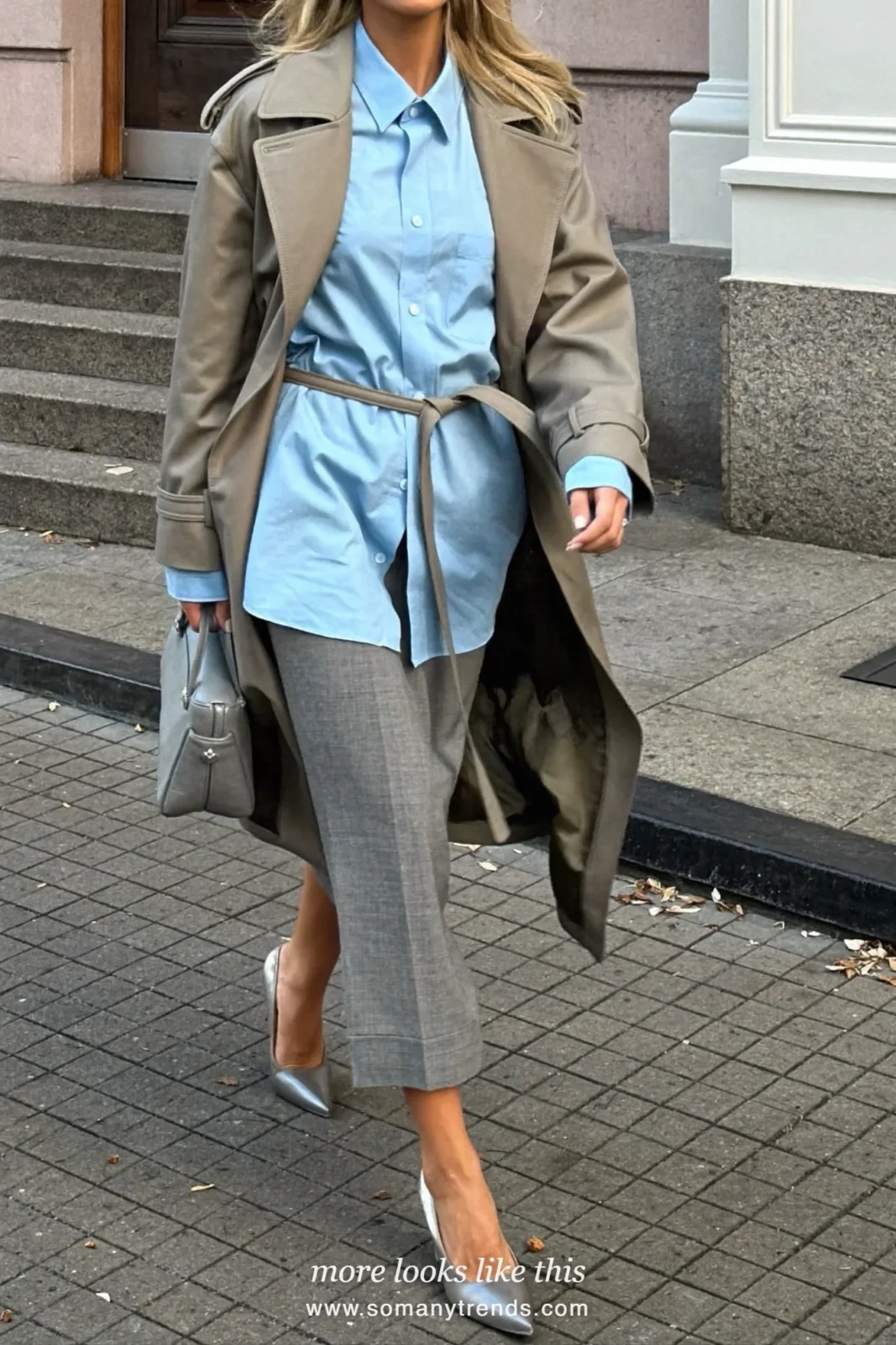 Woman in a stone trench coat, icy blue shirt, gray column skirt and silver-gray pumps, spring church outfit 25