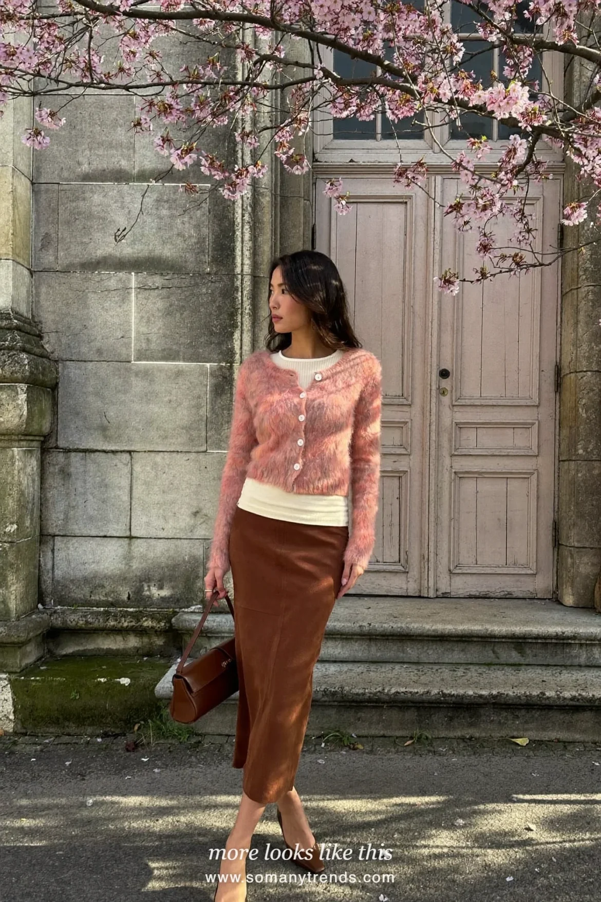 Woman in a dusty rose cardigan over a cream tee, long brown pencil skirt and brown pumps, spring church outfit 27