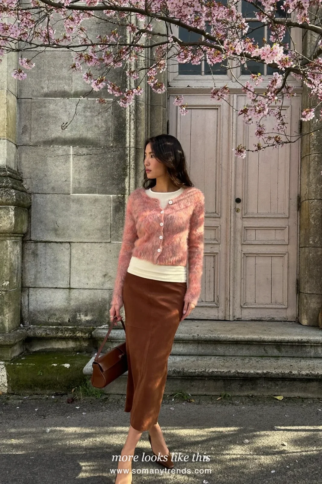 Woman in a dusty rose cardigan over a cream tee, long brown pencil skirt and brown pumps, spring church outfit 27