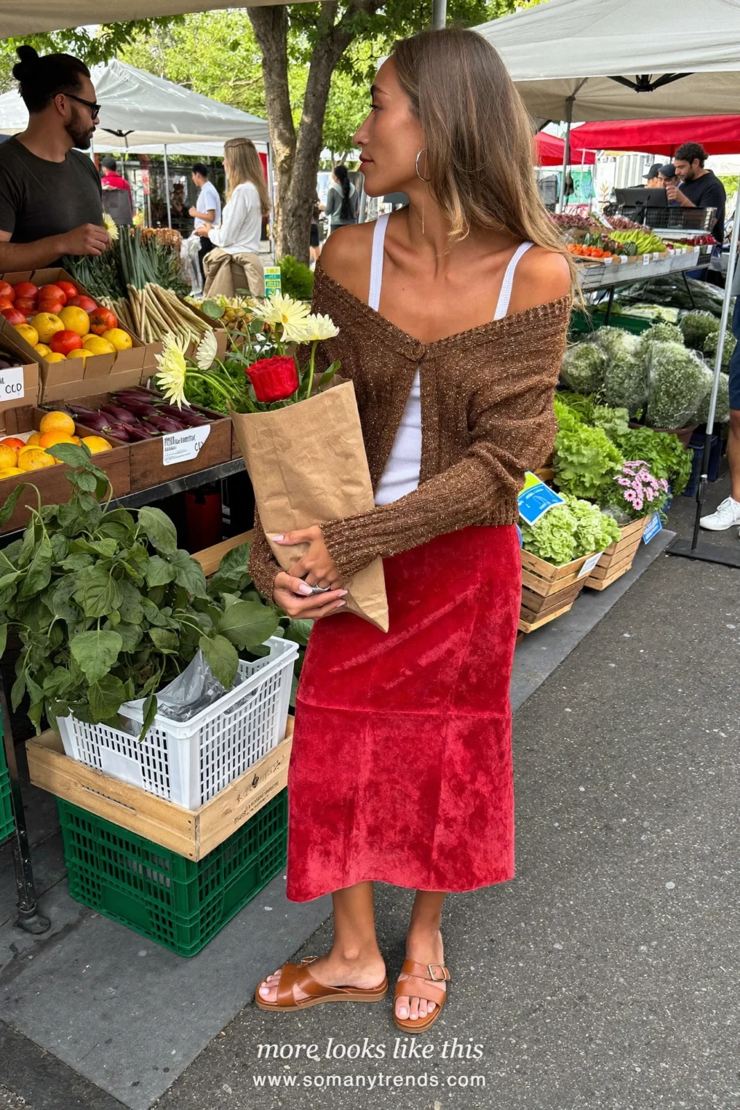 Red suede midi skirt with white ribbed tank, short brown cardigan and sandals, outfit 3