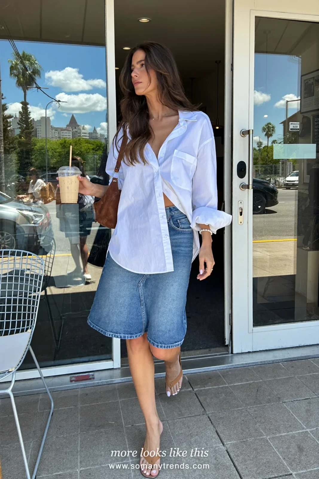 Mid-wash denim midi skirt with oversized white poplin shirt and tan sandals, outfit 6