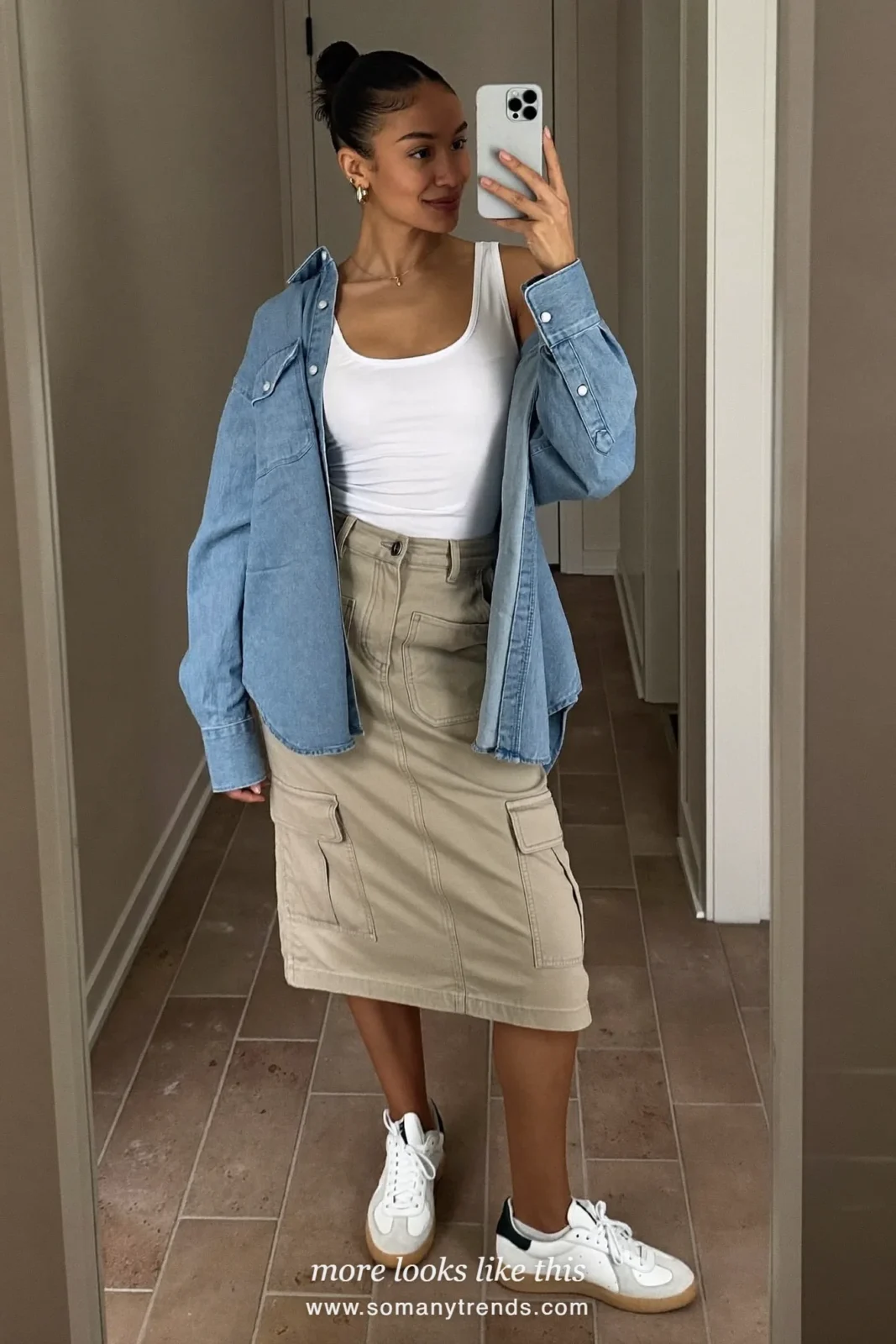 Beige cotton twill utility skirt with pockets, white tank, light denim shirt and white sneakers, outfit 8