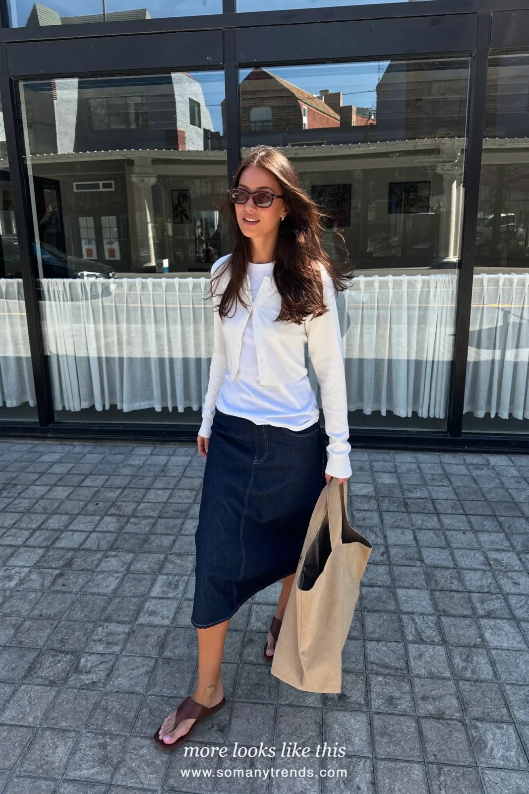 Dark wash long denim skirt with short white cardigan, tee and brown leather sandals, outfit 9