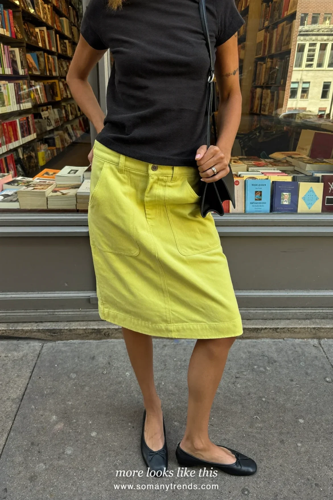 Chartreuse cotton twill utility midi skirt with black tee, black belt and ballet flats, outfit 10