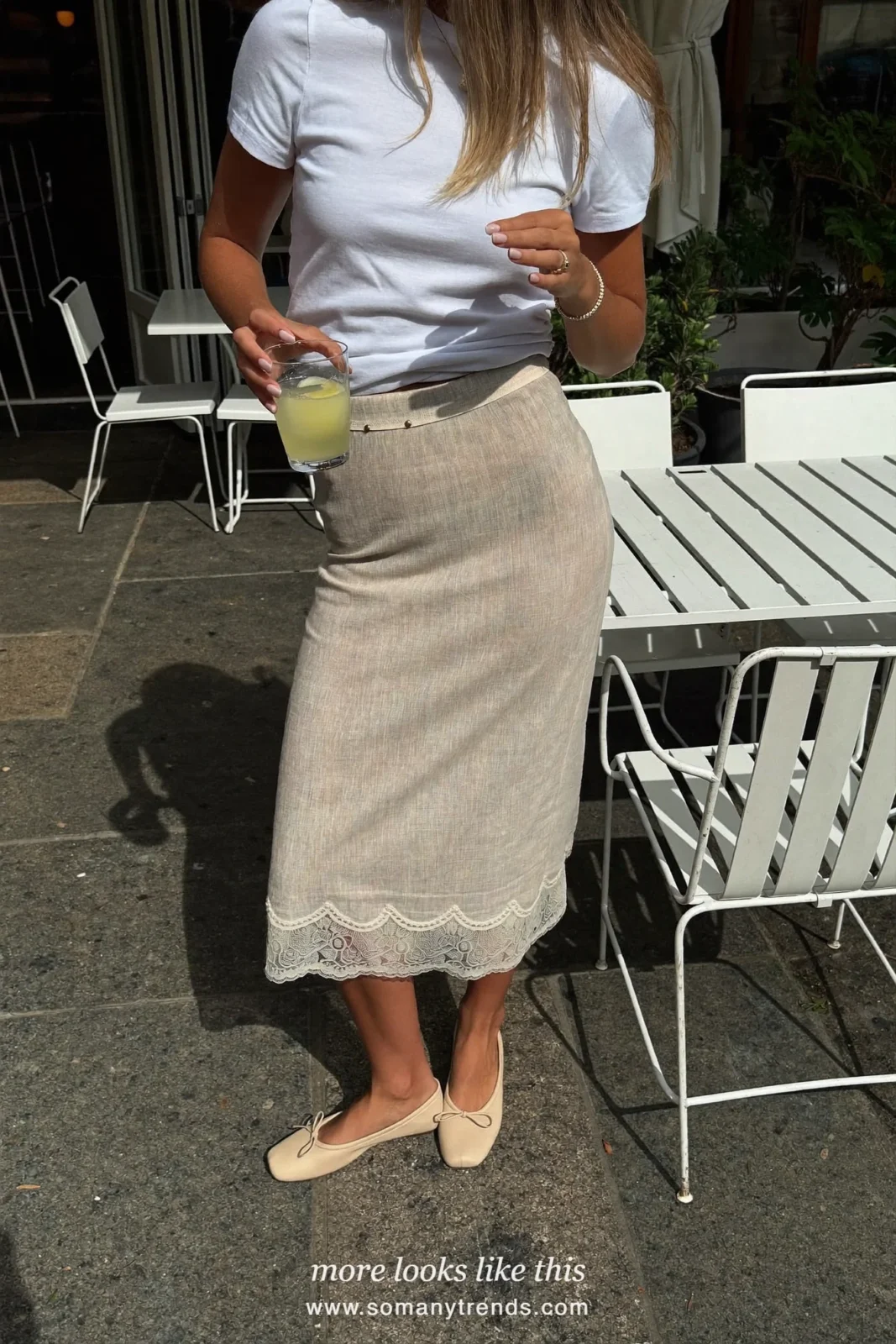 Beige lace-trimmed linen slip skirt with white tee and beige ballet flats, outfit 11