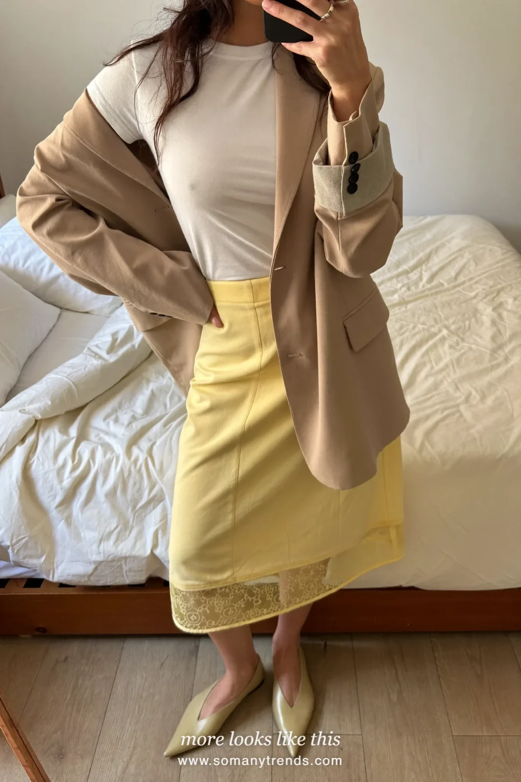 Butter yellow knee-length skirt with lace hem, white tee, beige oversized blazer and pointed flats, mirror selfie, outfit 12