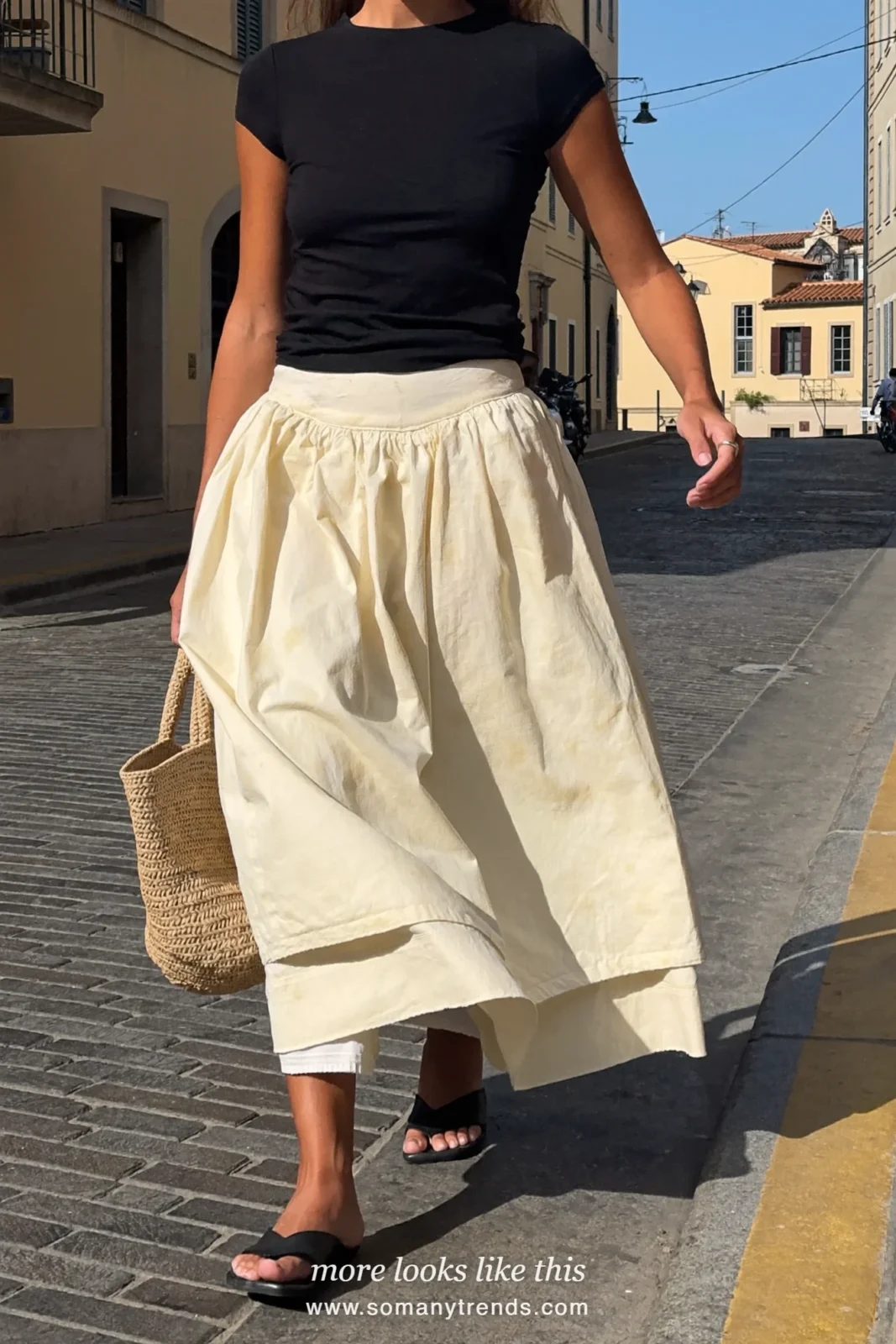 Cream double-layered sheer midi skirt with black tee, thin belt and black sandals, outfit 13