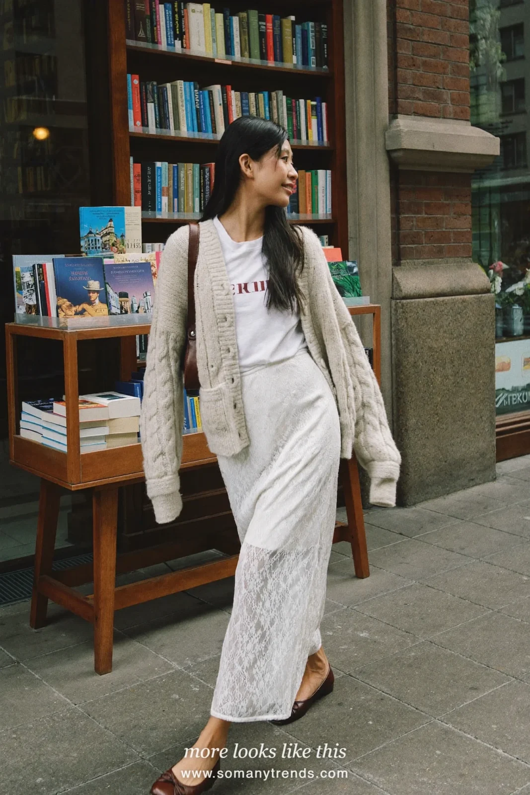 White lace midi skirt with oatmeal chunky cardigan, white tee and brown leather flats, outfit 15