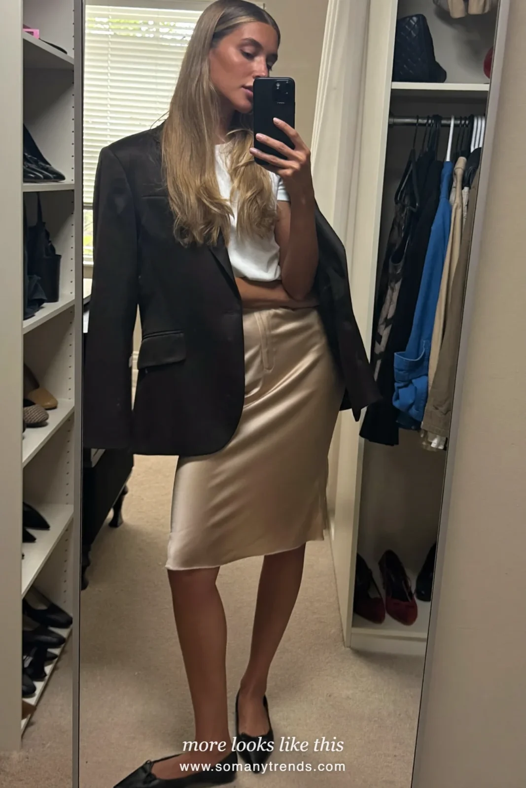 Beige slip midi skirt with white tee, slouchy black blazer and pointed black flats, mirror selfie, outfit 16