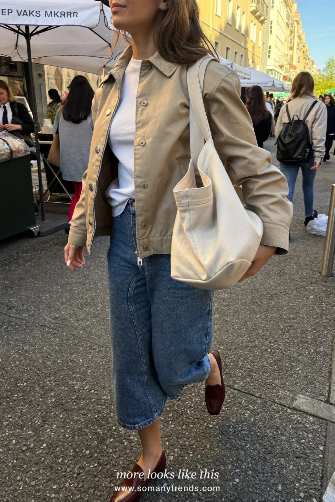 Mid blue long denim column skirt with white tee, short beige jacket and brown loafers, outfit 19