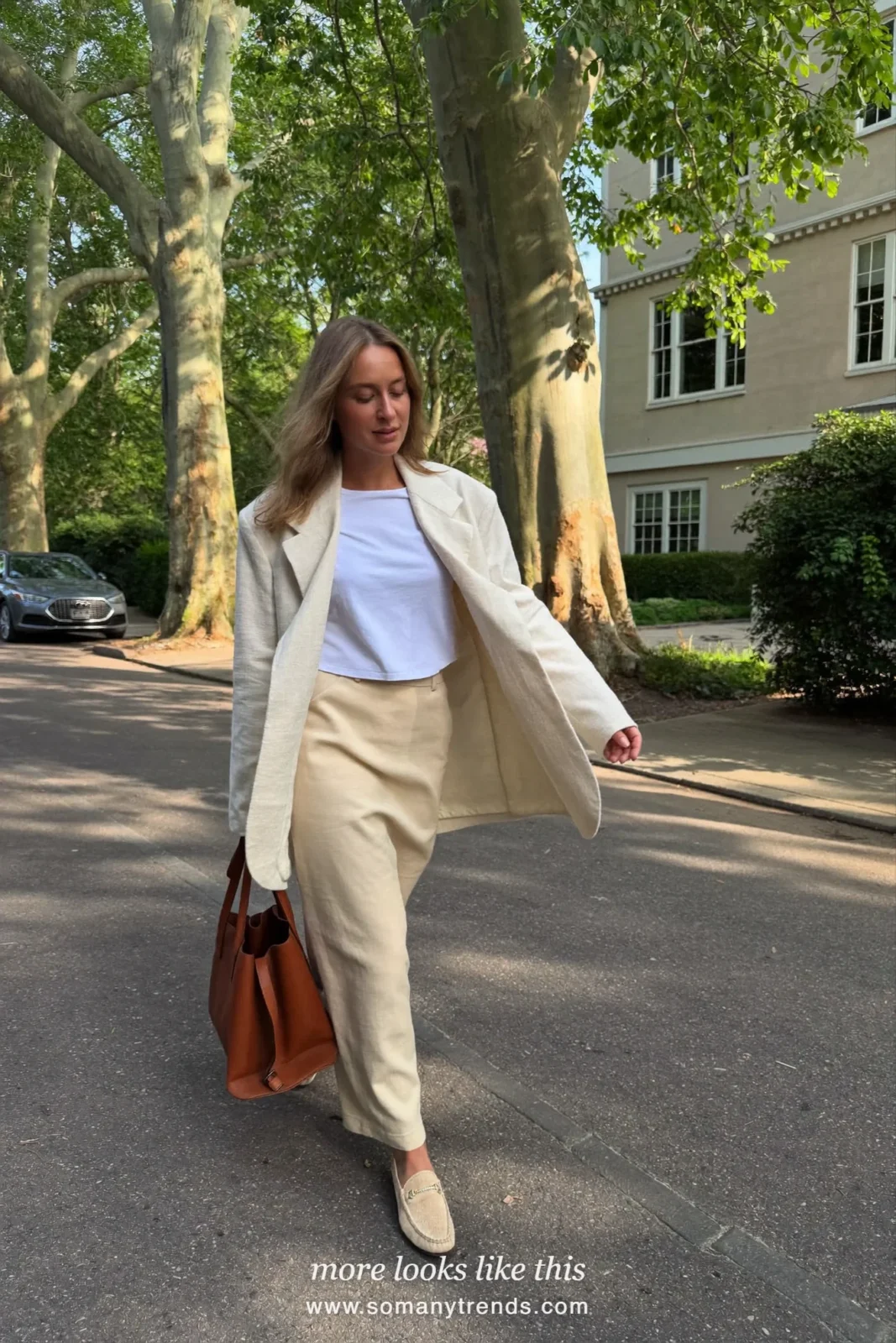 Beige long column skirt with ivory tee, cream oversized blazer and beige loafers, outfit 21