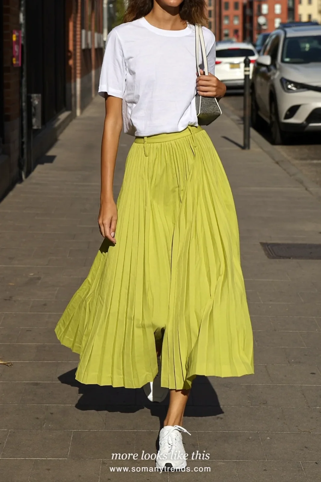 Chartreuse pleated midi skirt with white tee and white sneakers, outfit 22