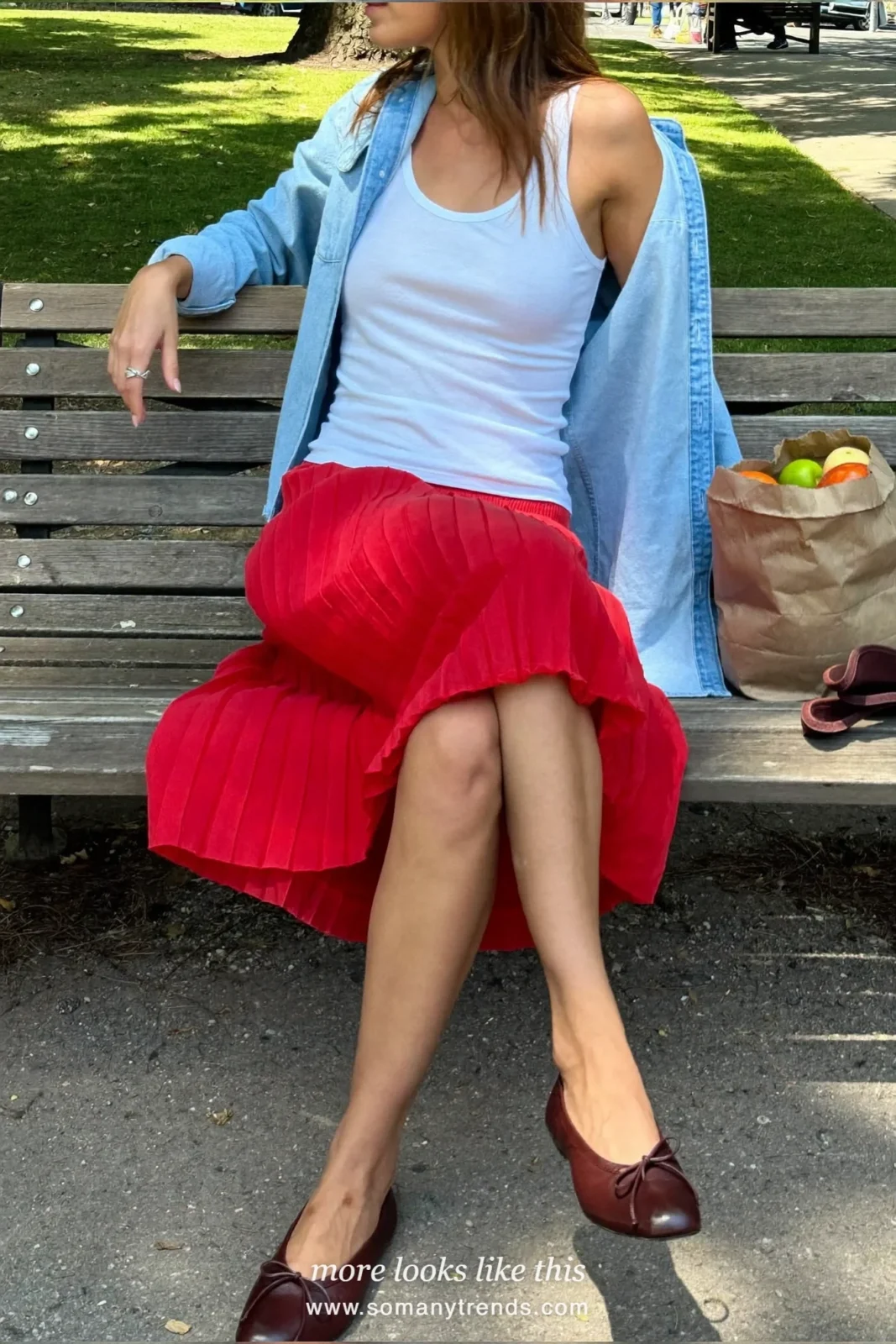 Red pleated midi skirt with white tank, light denim shirt and brown flats, outfit 23