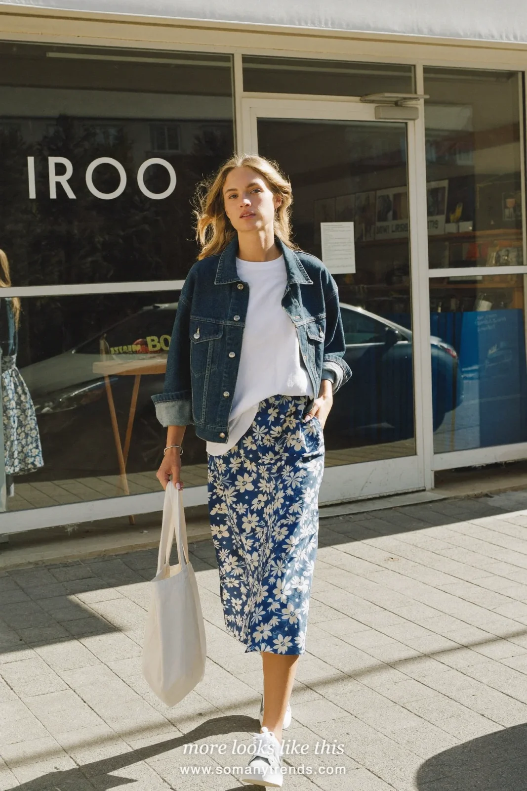 Blue and white floral midi skirt with white tee, boxy denim jacket and white sneakers, outfit 25