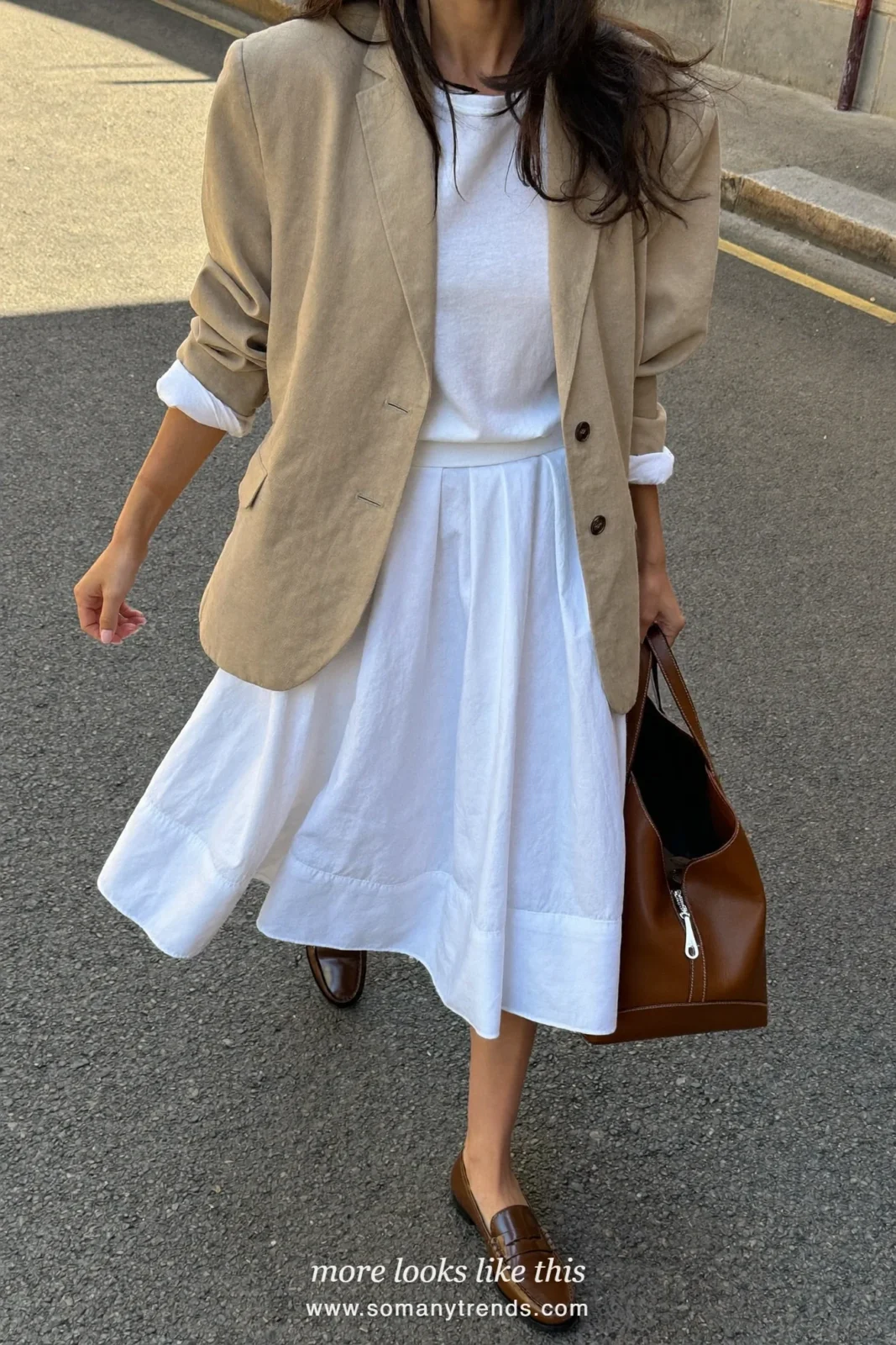 White poplin A-line midi skirt with white tee, slouchy beige blazer and brown loafers, outfit 26