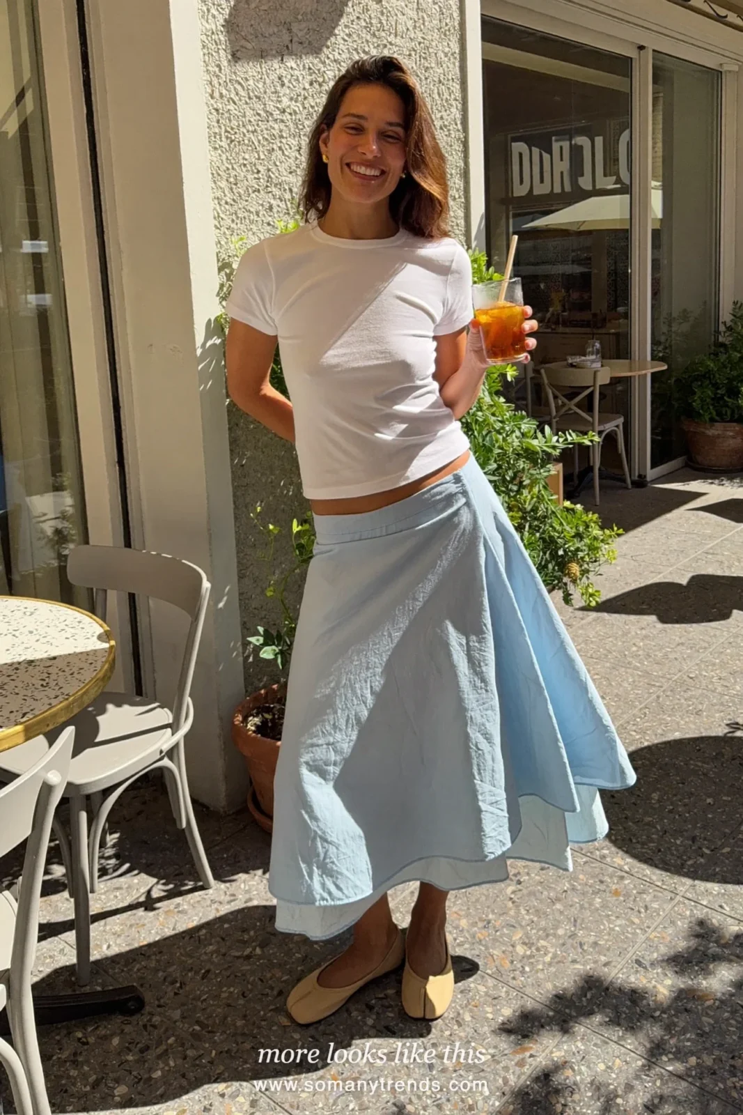 Pale blue cotton drop-waist skirt with fitted white tee and beige flats, outfit 29