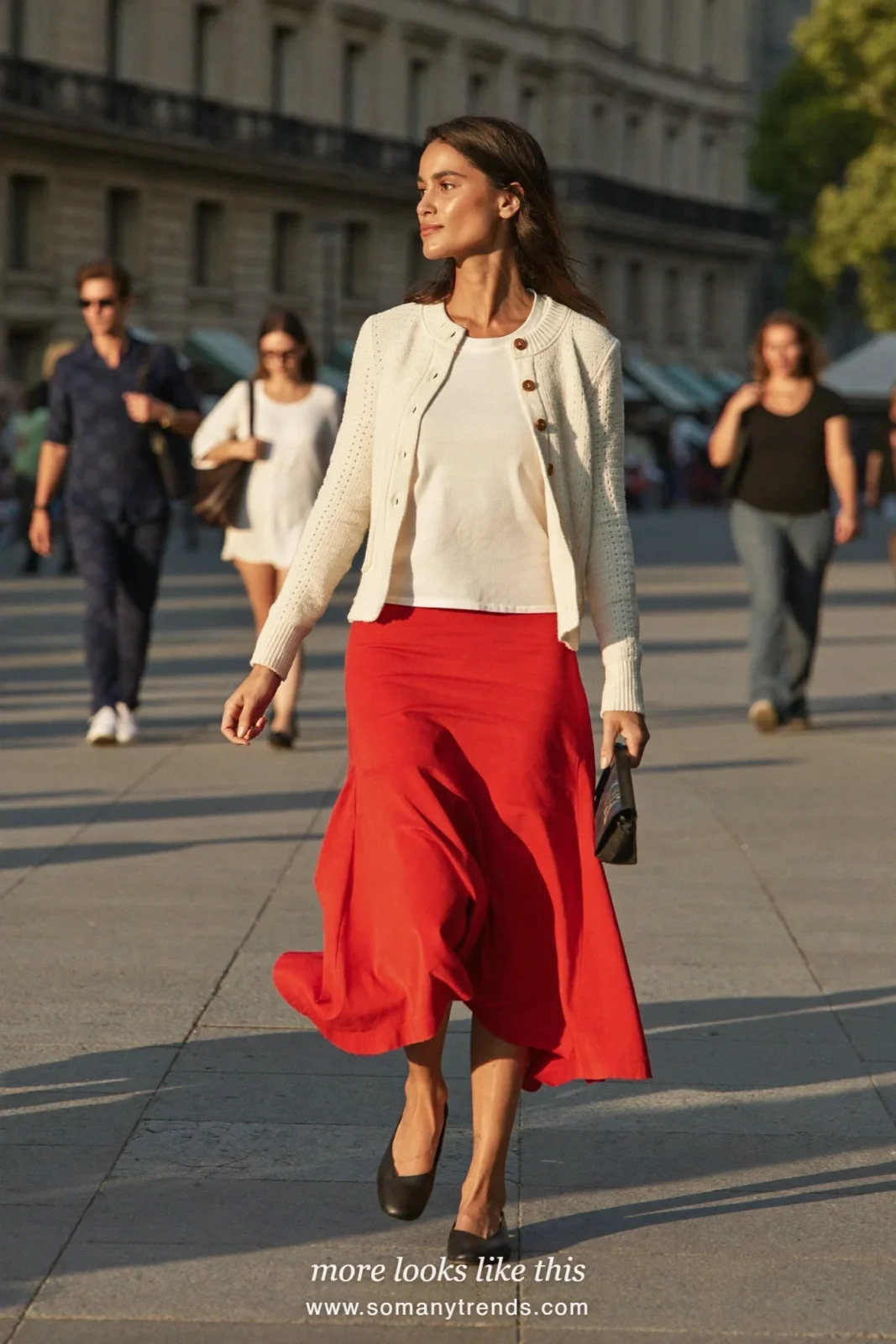 Red drop-waist midi skirt with white tee, short cream cardigan and black flats, outfit 30