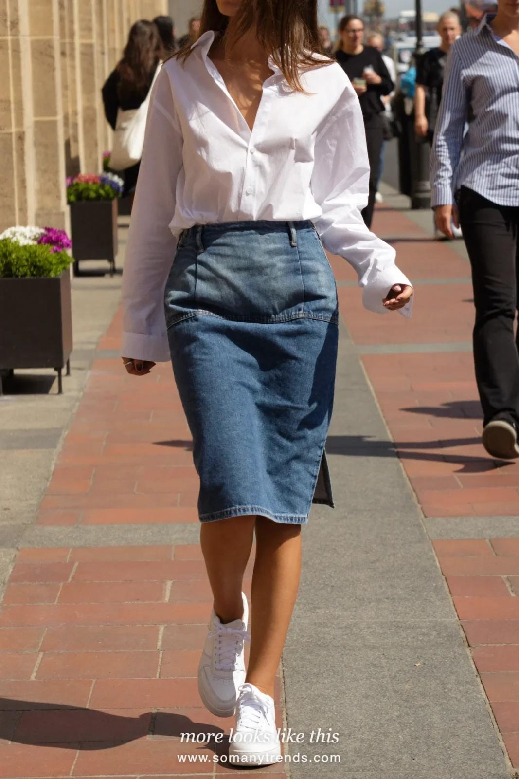 Mid wash denim drop-waist midi skirt with oversized white shirt and white sneakers, outfit 31