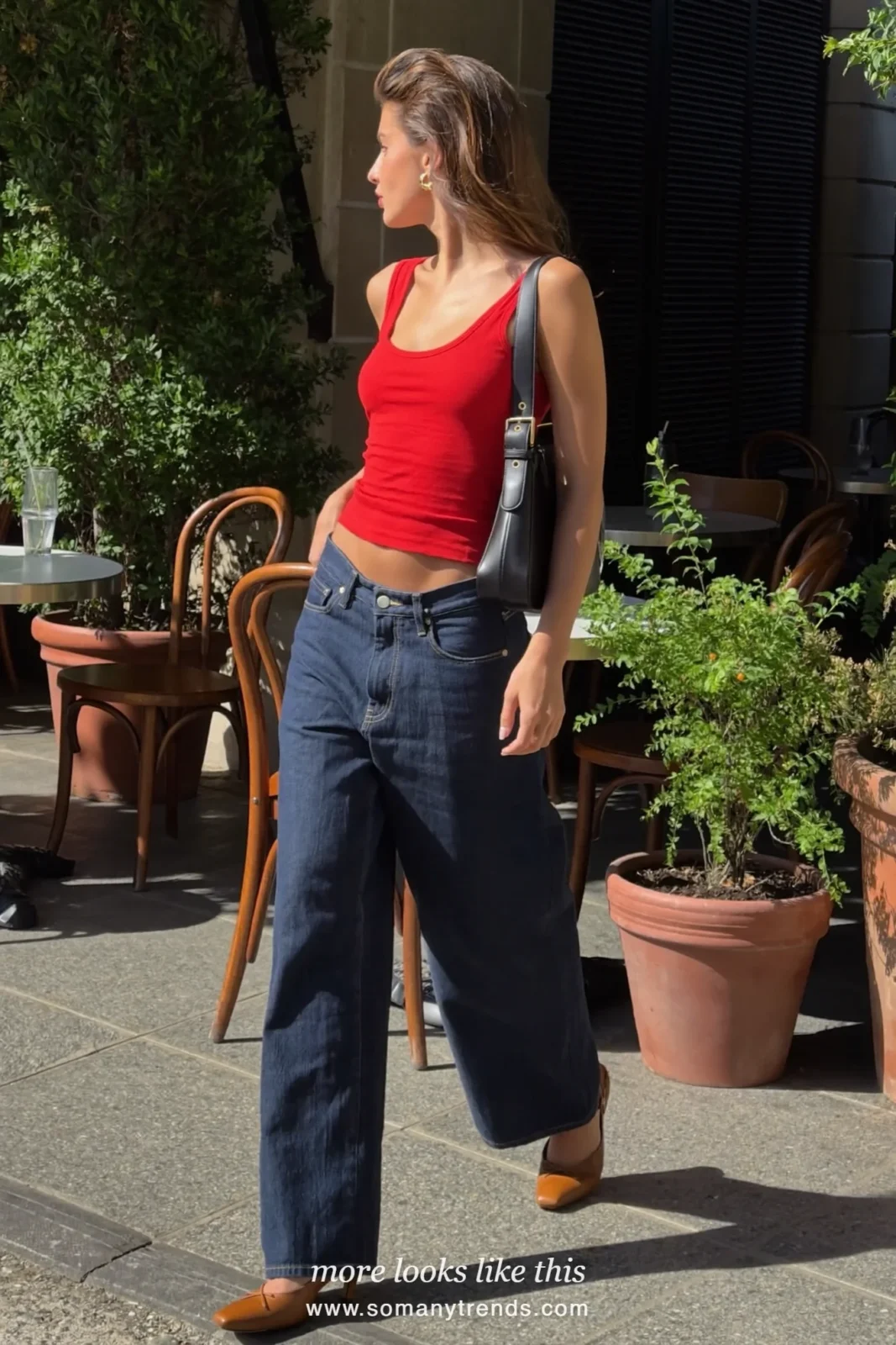 Look 1: red ribbed tank, dark straight low-rise jeans and tan kitten heels