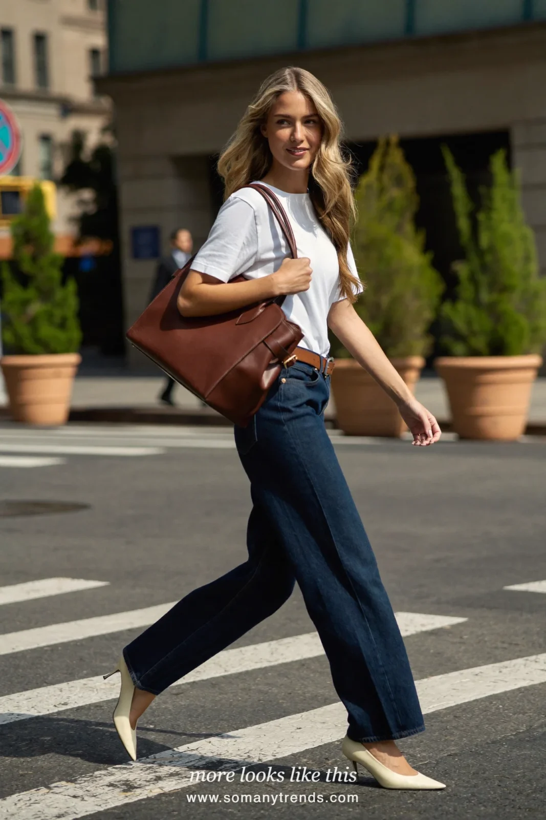 Look 2: white cotton tee, dark wide-leg jeans and ivory pointed pumps