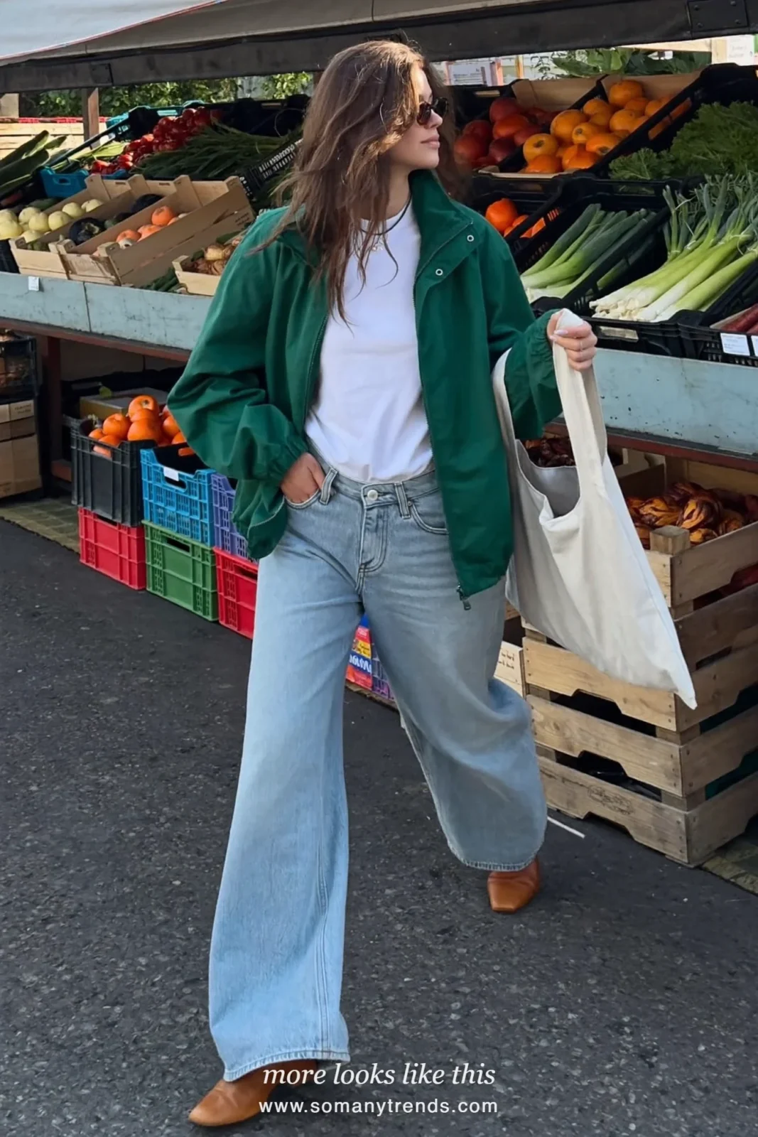 Look 3: forest green funnel-neck zip jacket, white tee, light straight jeans and tan square-toe shoes