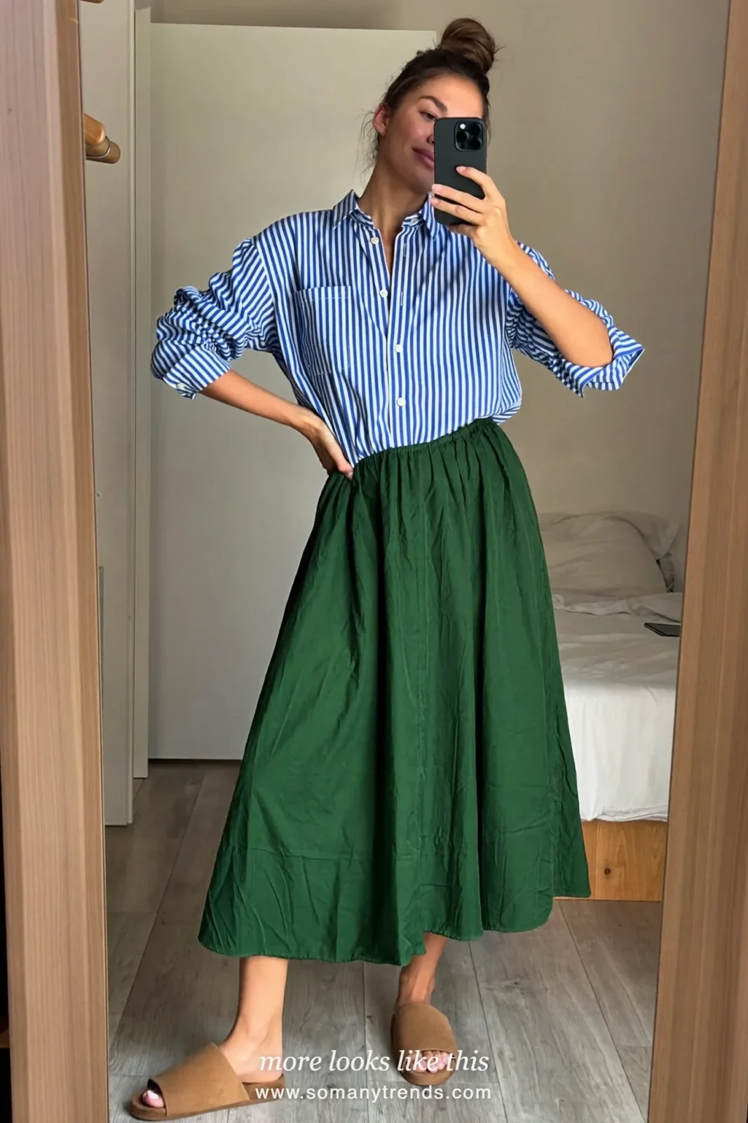 Look 8: blue and white striped shirt, forest green maxi skirt and tan leather sandals, mirror selfie at home