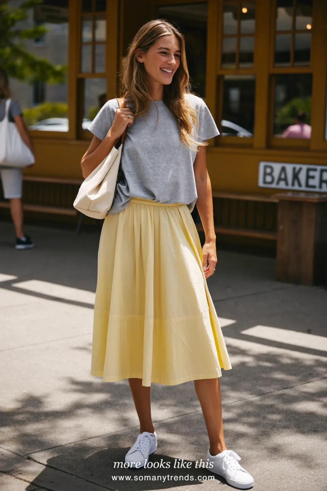 Look 9: gray slouchy tee, butter yellow poplin midi skirt and white leather sneakers