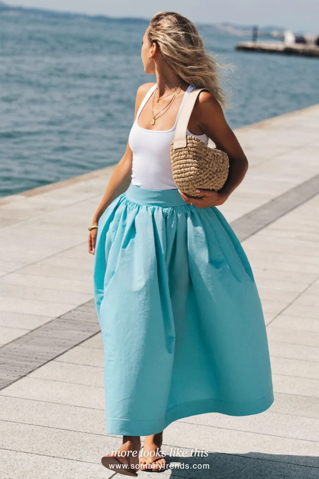 Look 11: white fitted tank, aquamarine double-layer midi skirt and tan flat sandals