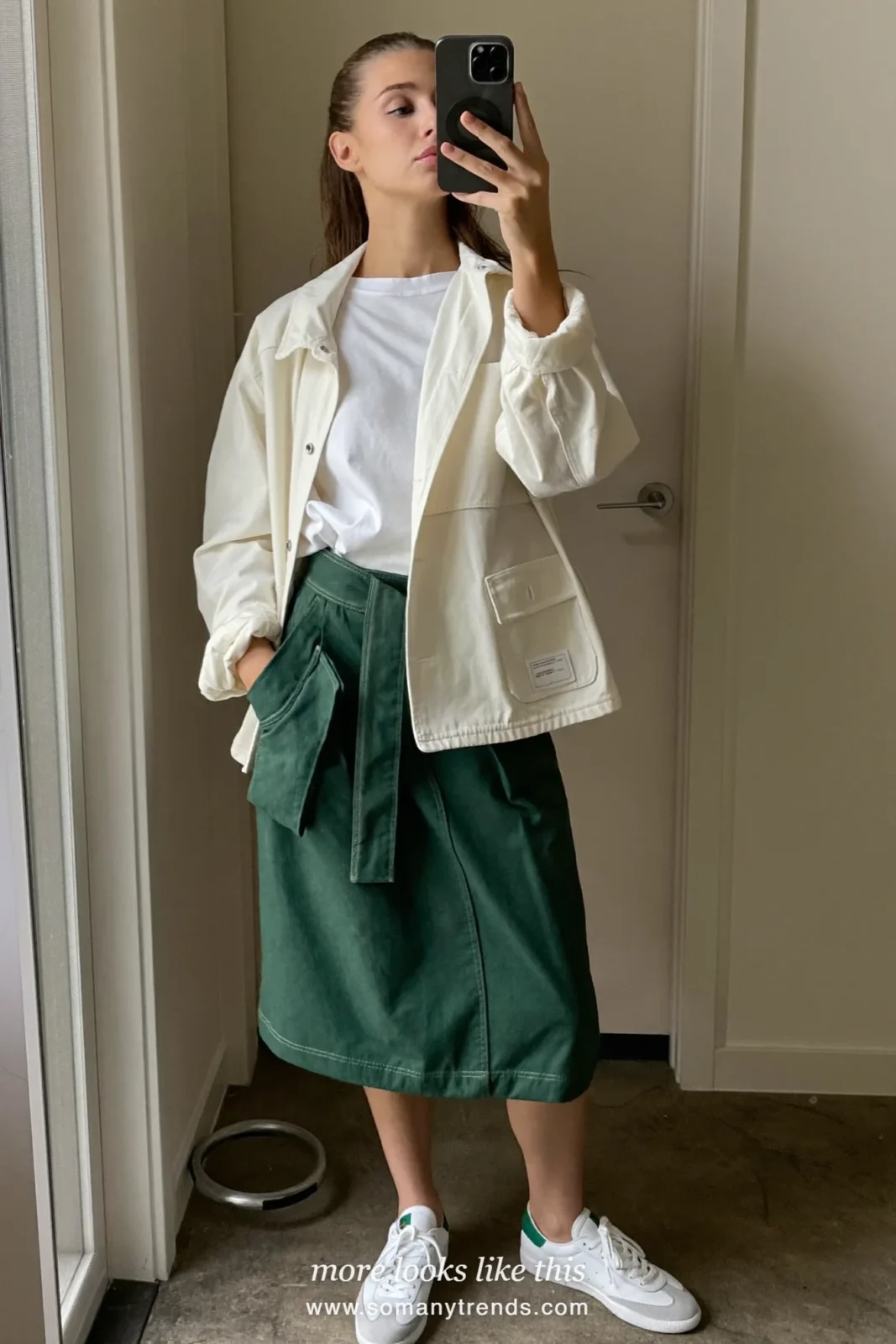 Look 12: white tee, forest green utility midi skirt, ivory boxy cotton jacket and white sneakers, mirror selfie at home
