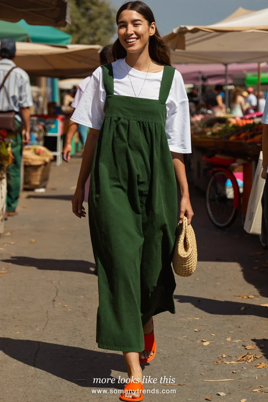 Look 13: white oversized tee under a forest green sleeveless maxi dress with orange flat sandals