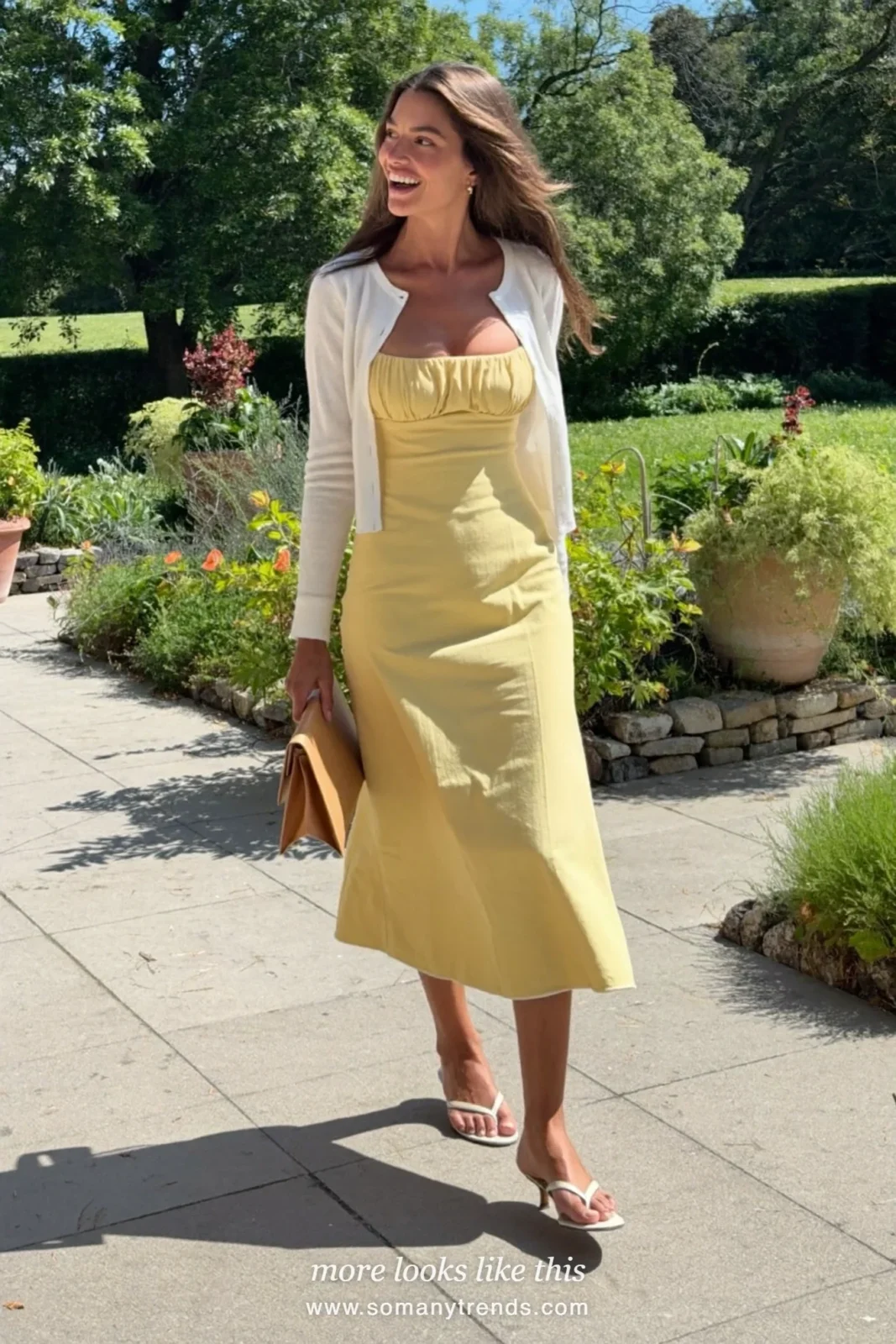 Look 15: butter yellow cotton column dress with a white cardigan and pointed flat sandals