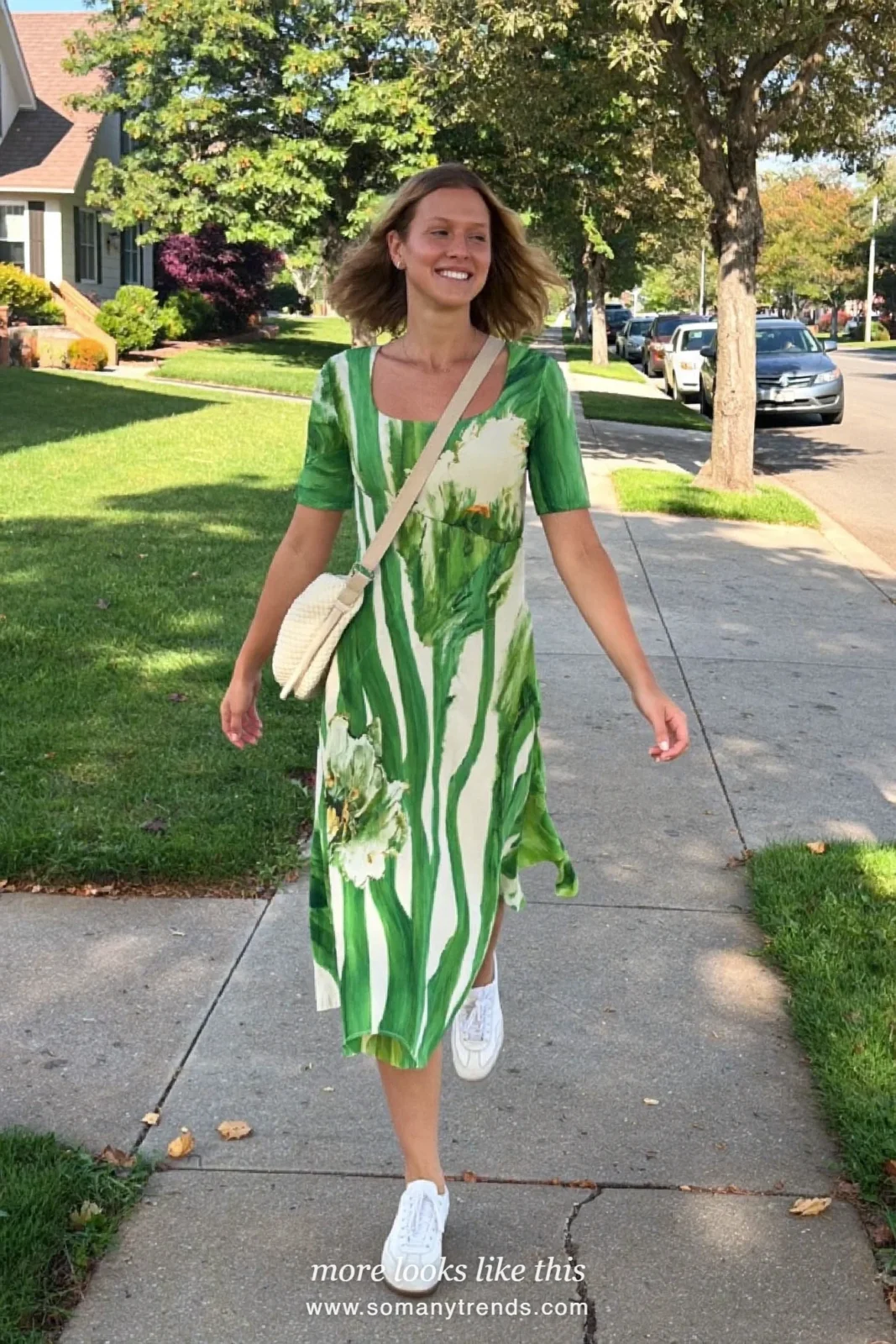 Look 17: green floral printed midi dress with white sneakers